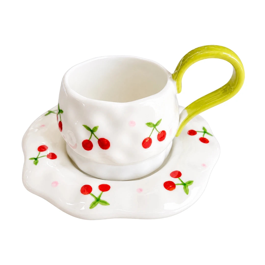 Cherries Ceramic Cup and Saucer Set (assorted colours)