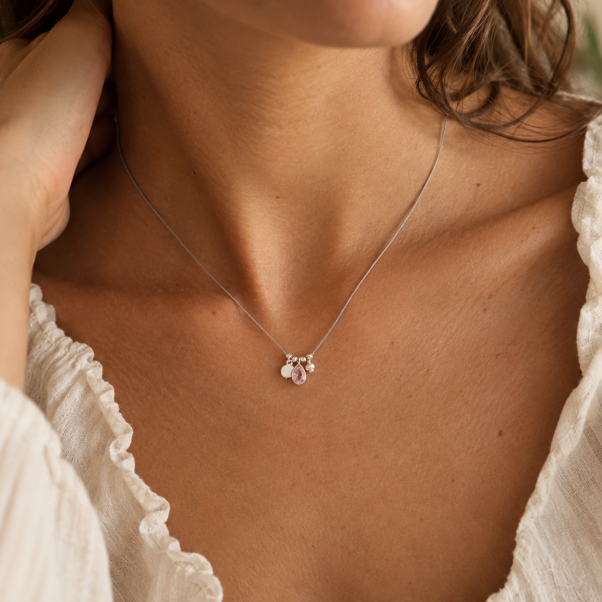 "Little Treasures" Semi Precious Stone, Pearl and Sterling Silver Disc on Silk (assorted)