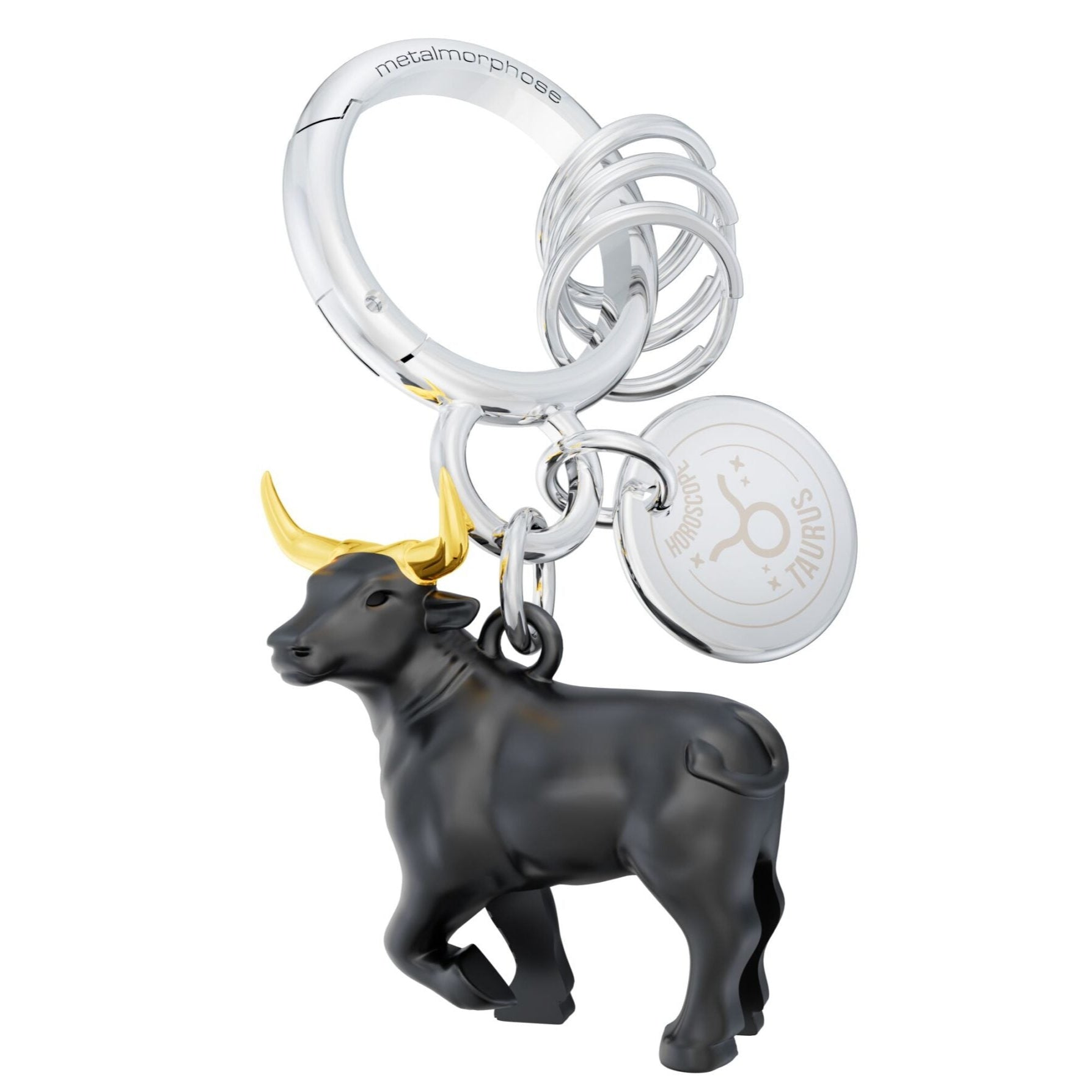 Keychain with bull figure and circular charm on a white background