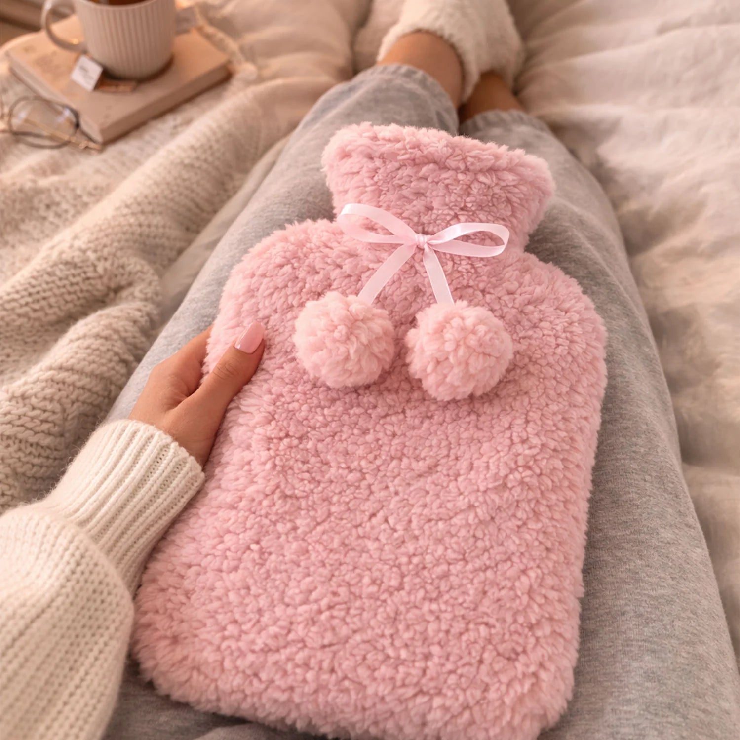 Hot Water Bottle with Fluffy Cover (Cream or Pink)