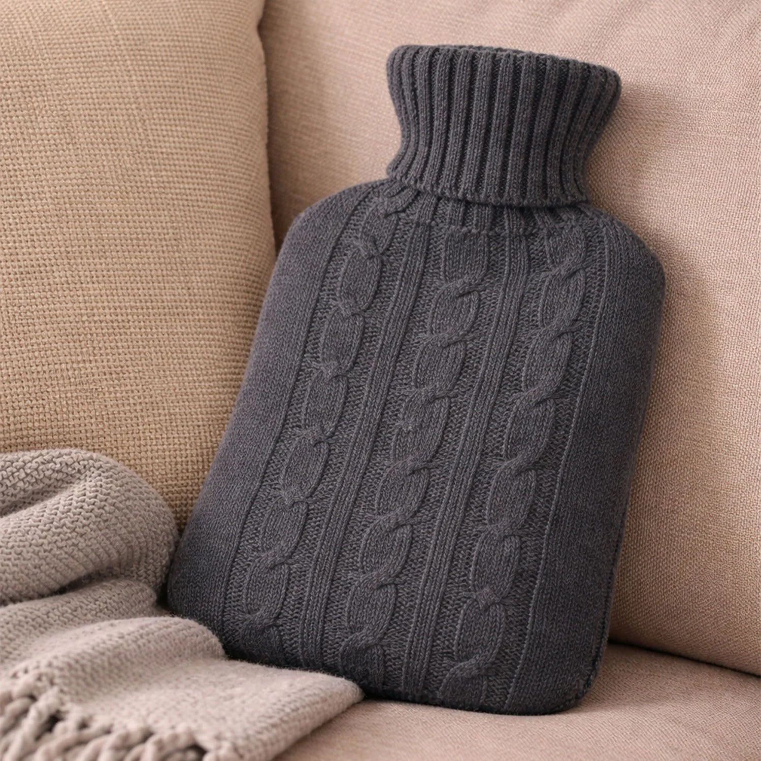 Hot Water Bottle with Grey Cable Knit Cover