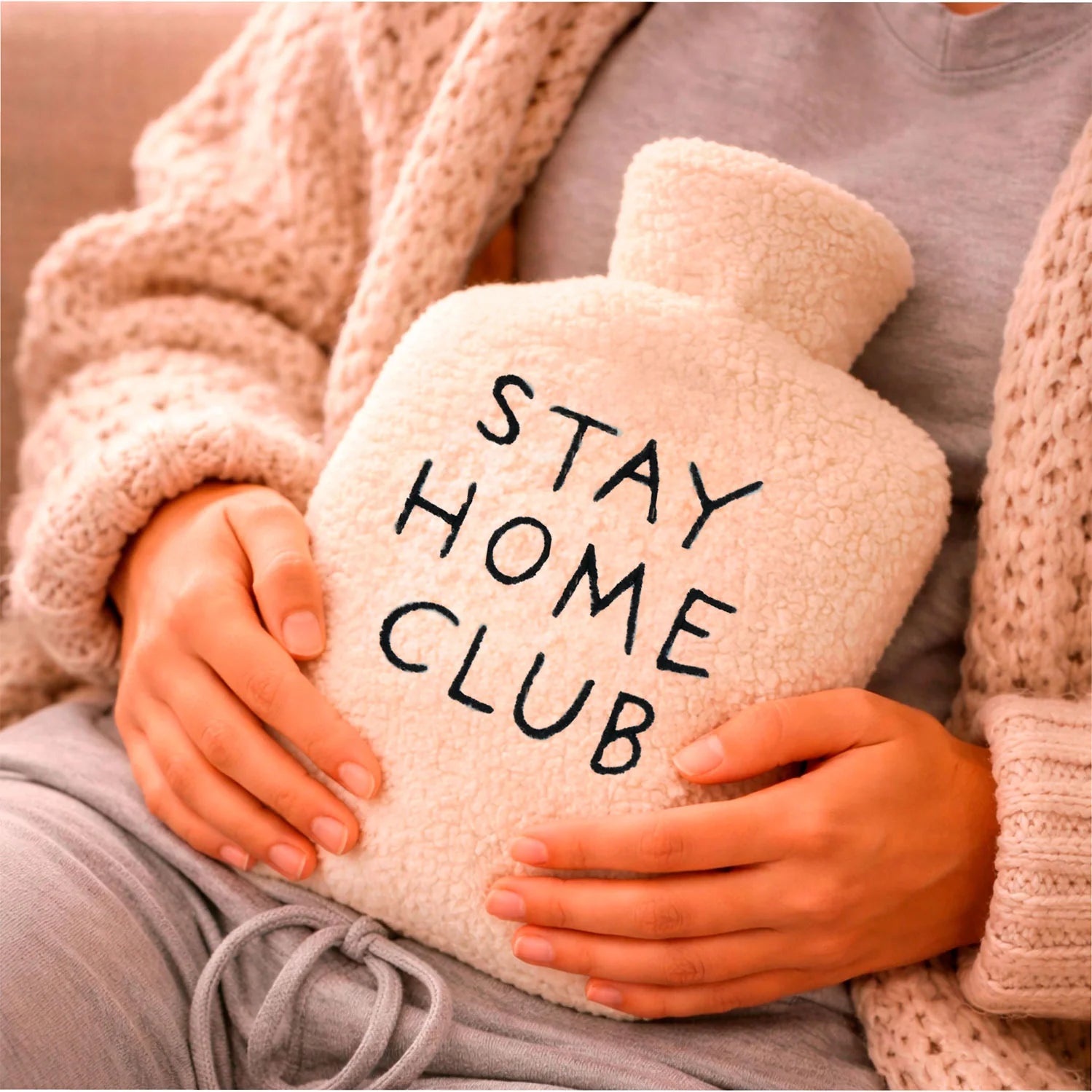 "Stay Home Club" Hot Water Bottle with Fleece Cover