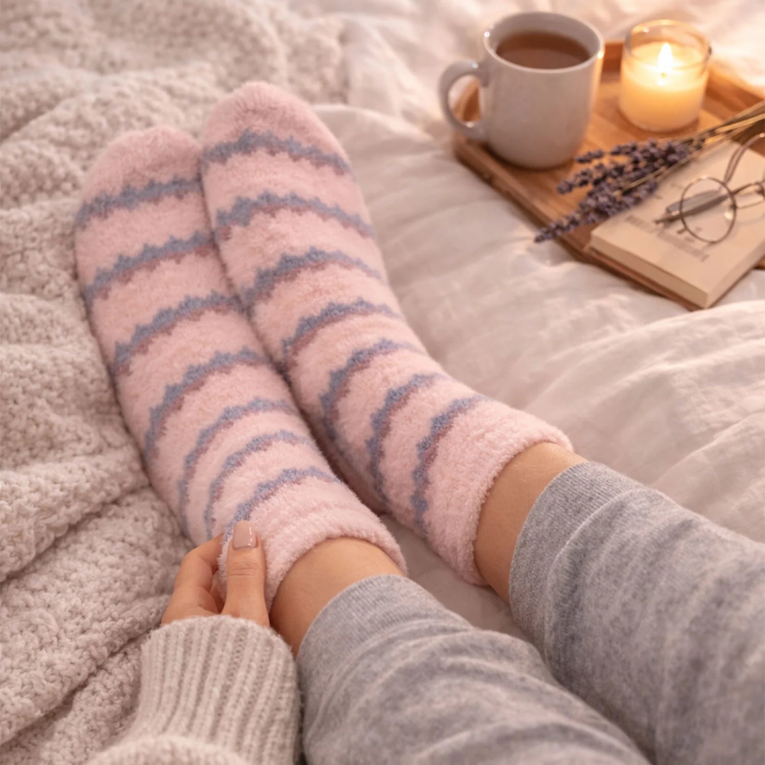 Ladies' Fuzzy Pink & Grey Squiggle Socks