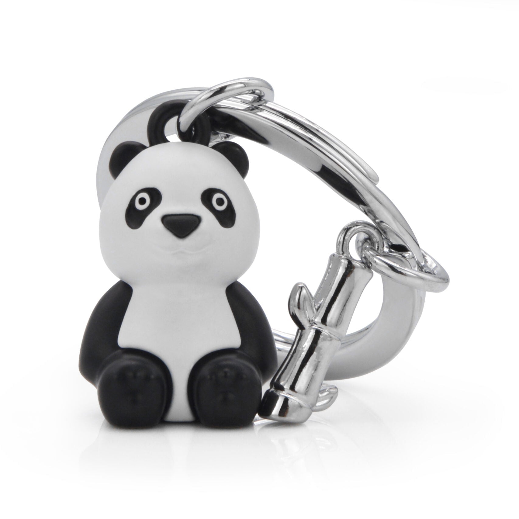 Panda keychain with a silver ring on a white background