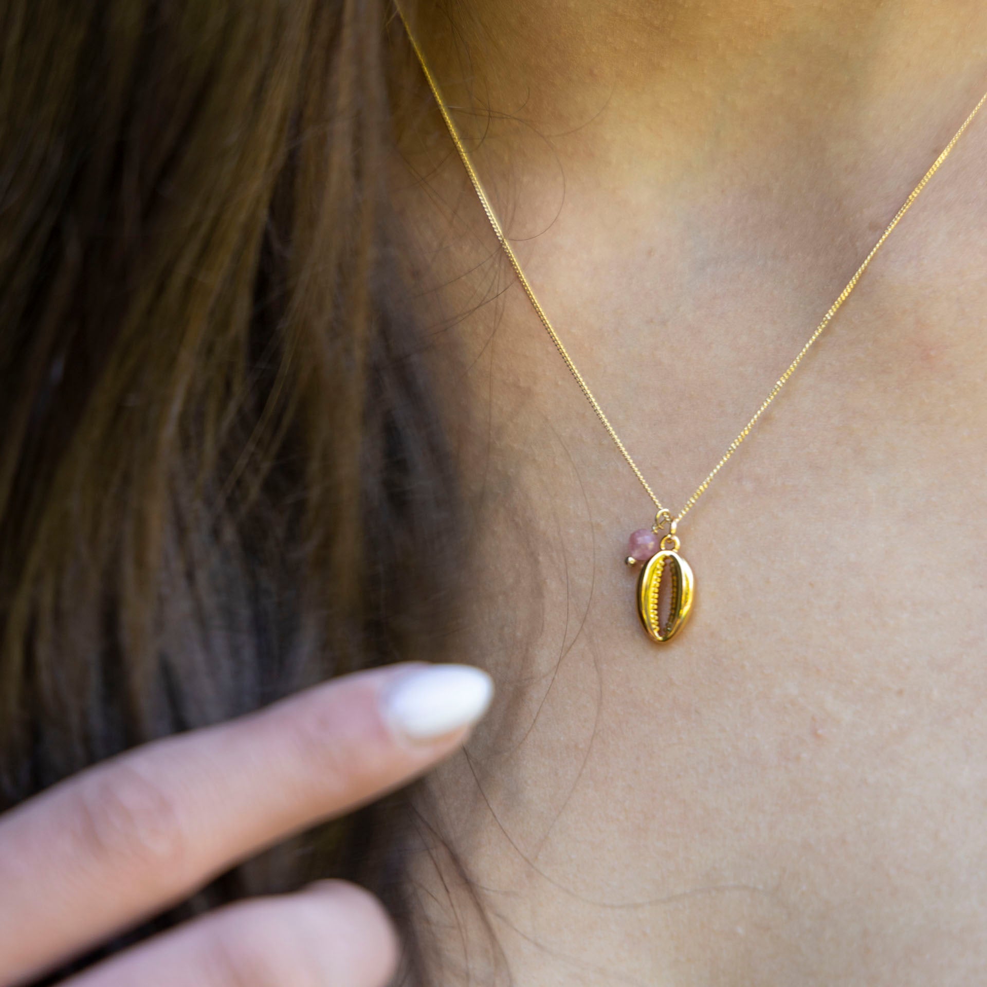 Cowrie Shell Necklace with Pink Tourmaline (gold-dipped)