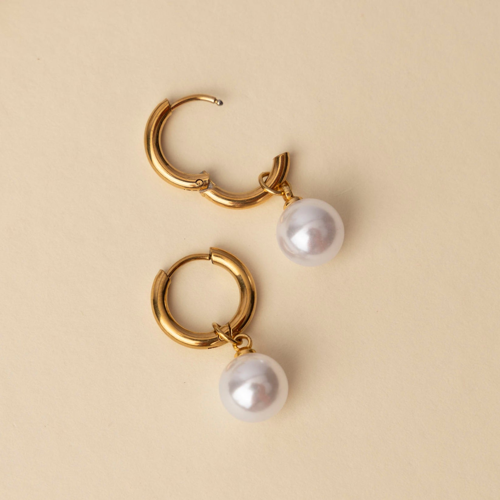 Stainless Steel and Pearl Huggie Earrings