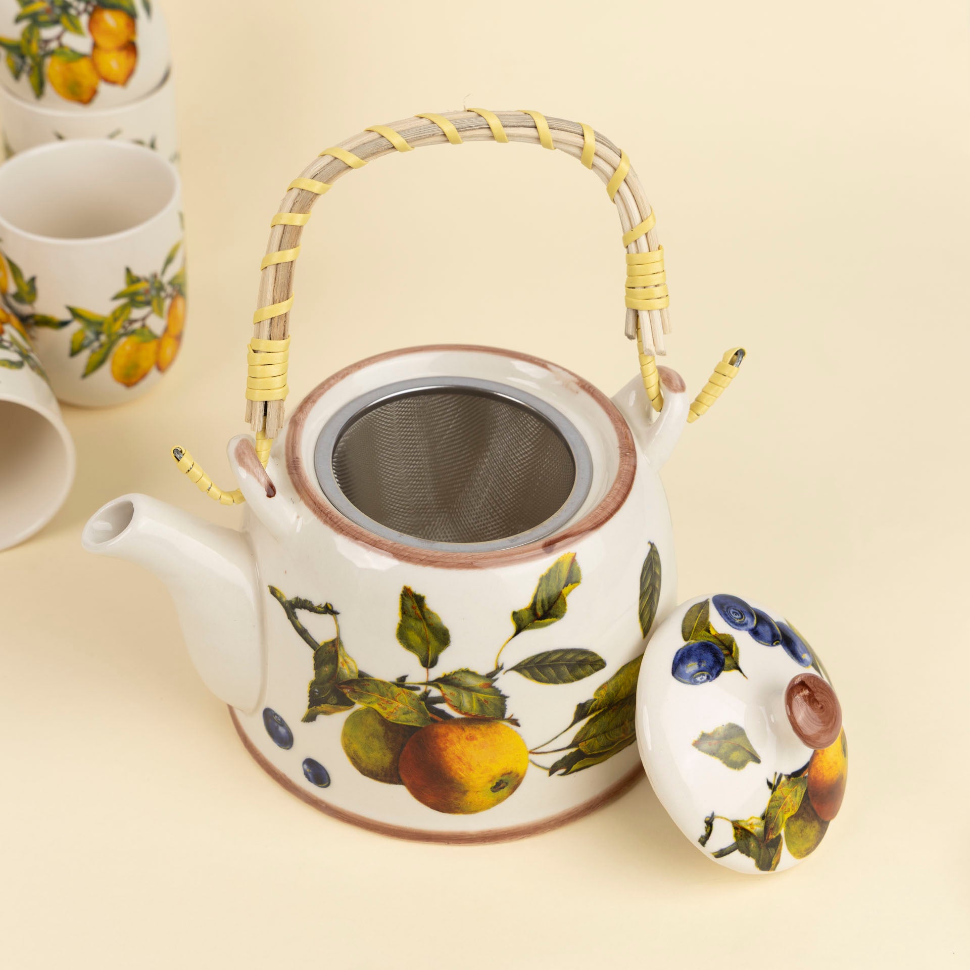 Pear & Blueberry Ceramic Teapot with Woven Handle
