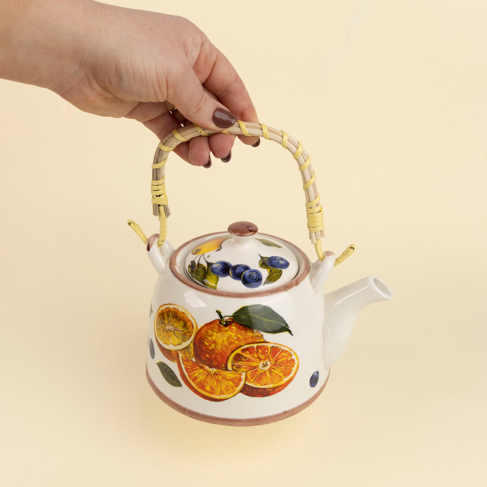 Pear & Blueberry Ceramic Teapot with Woven Handle