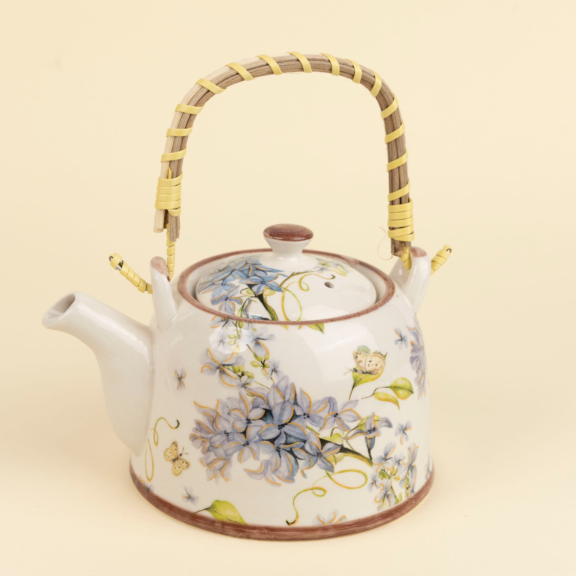 Blue Frangipani Ceramic Teapot with Woven Handle