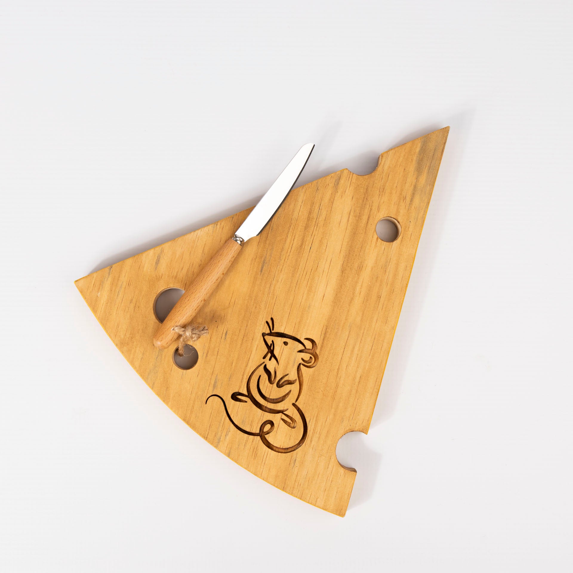 Wooden Cheese Platter with Mouse Design & Cheese Knife Set