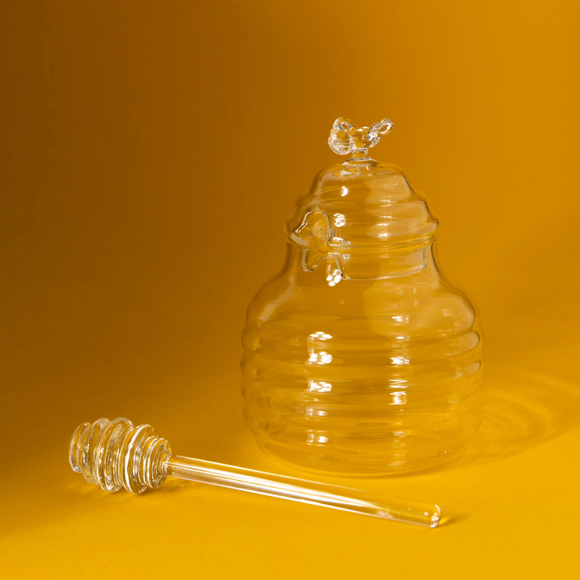 Handcrafted Clear Glass Honey Pot with Dipper