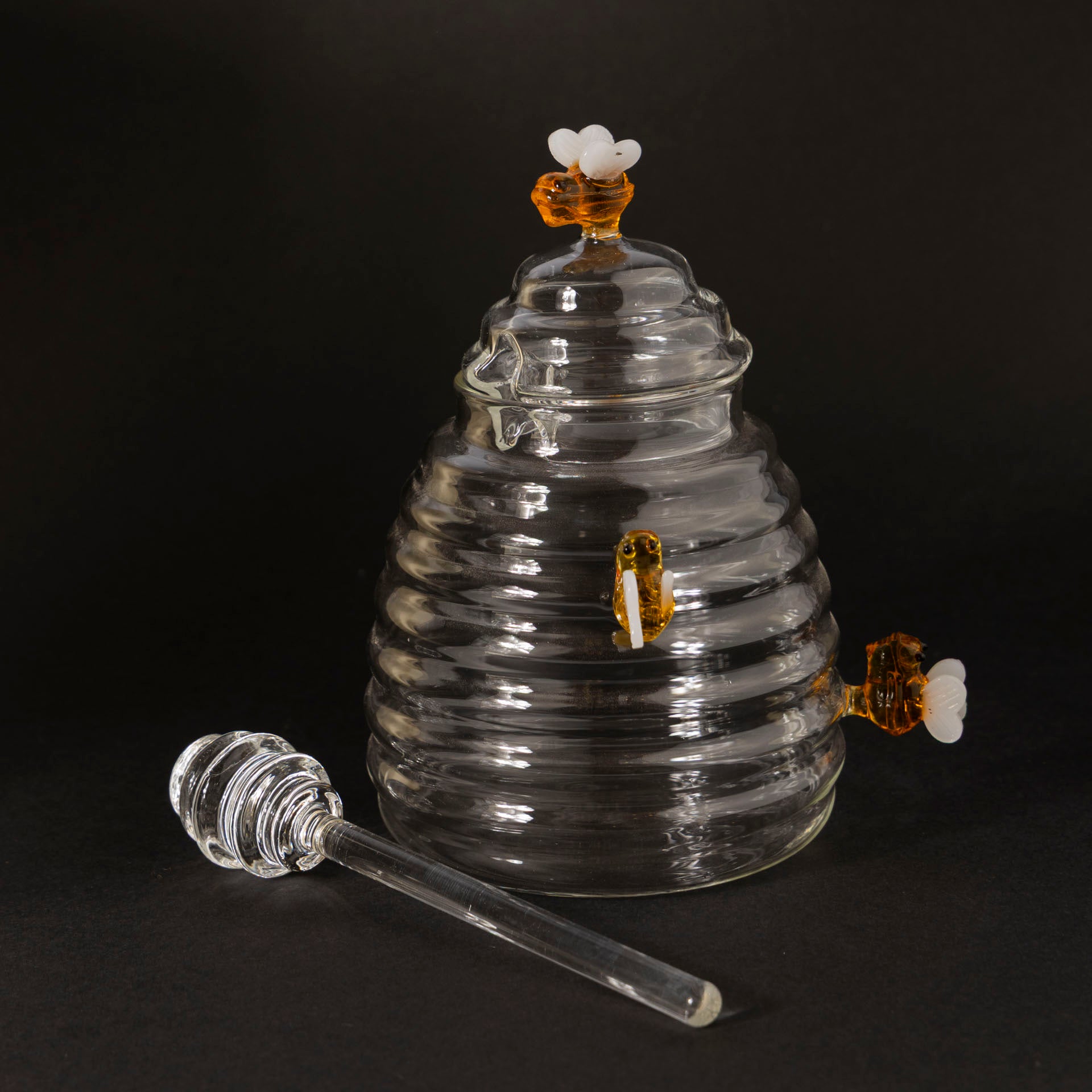 Handcrafted Glass Honey Pot with Dipper & Bee Accents