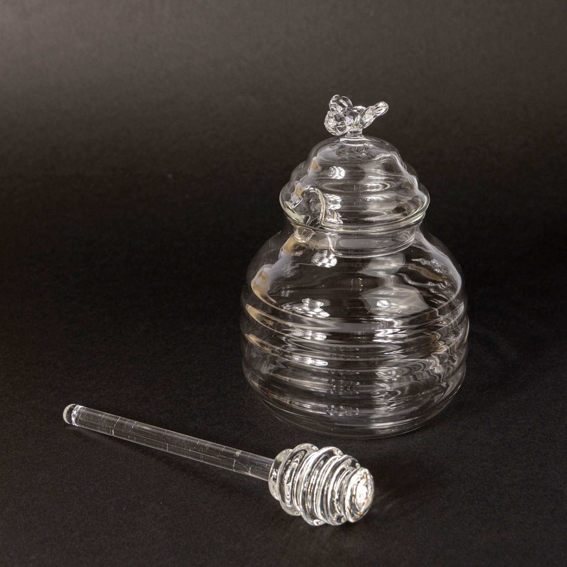 Handcrafted Clear Glass Honey Pot with Dipper