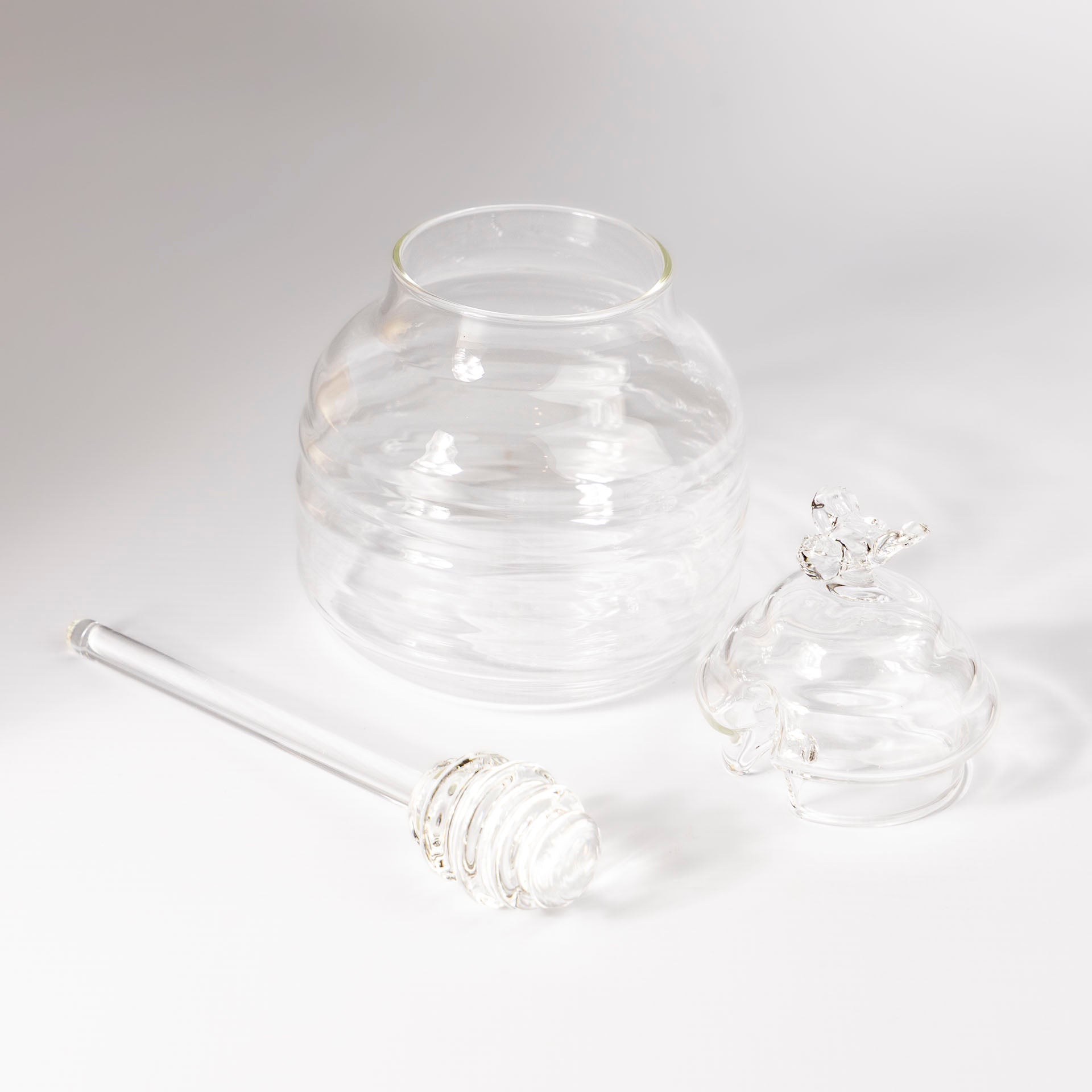 Handcrafted Clear Glass Honey Pot with Dipper