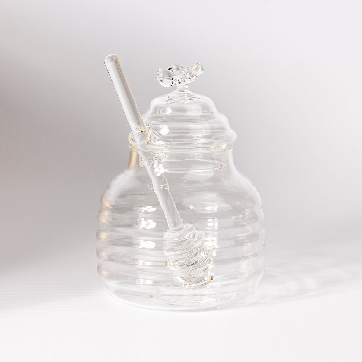 Handcrafted Clear Glass Honey Pot with Dipper