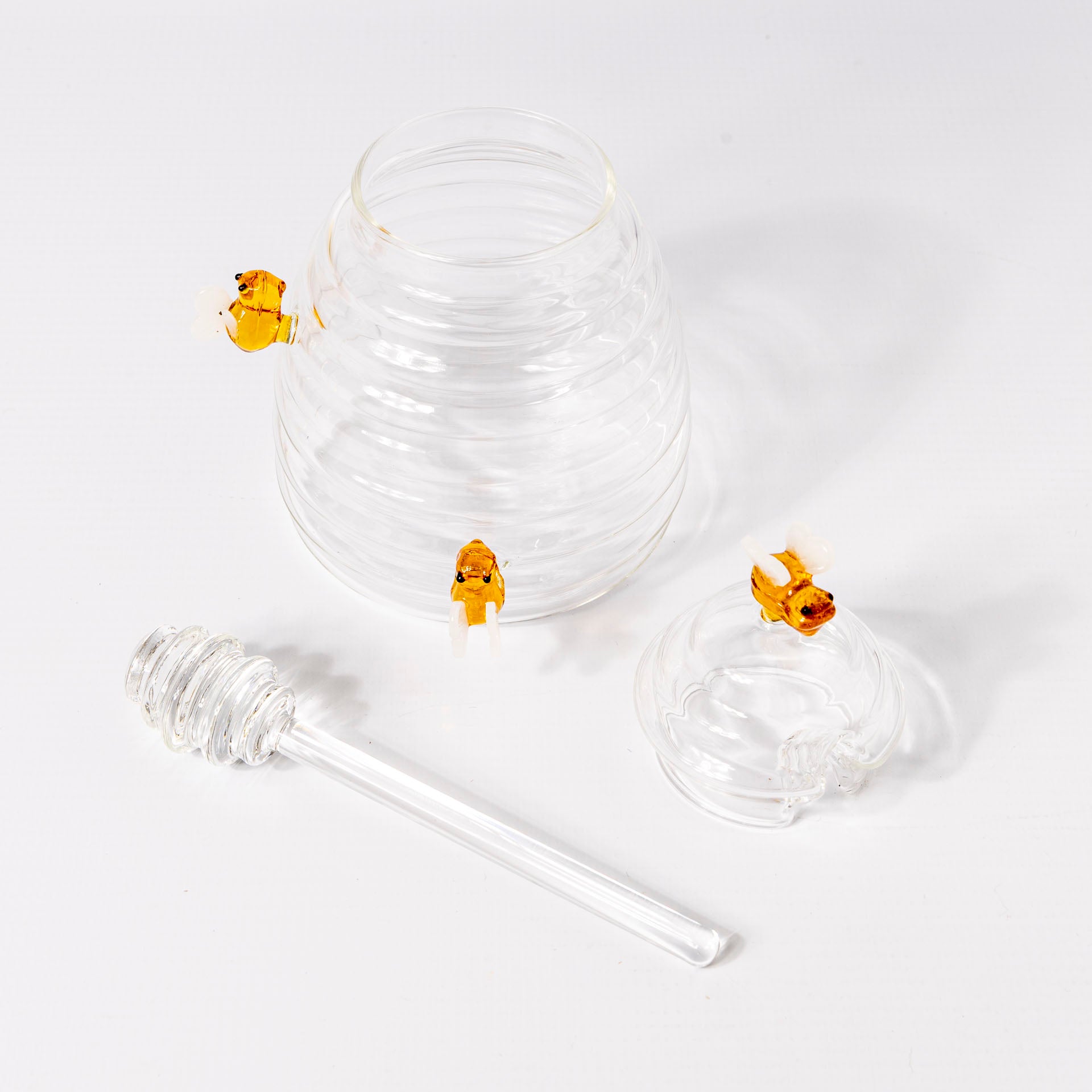 Handcrafted Glass Honey Pot with Dipper & Bee Accents