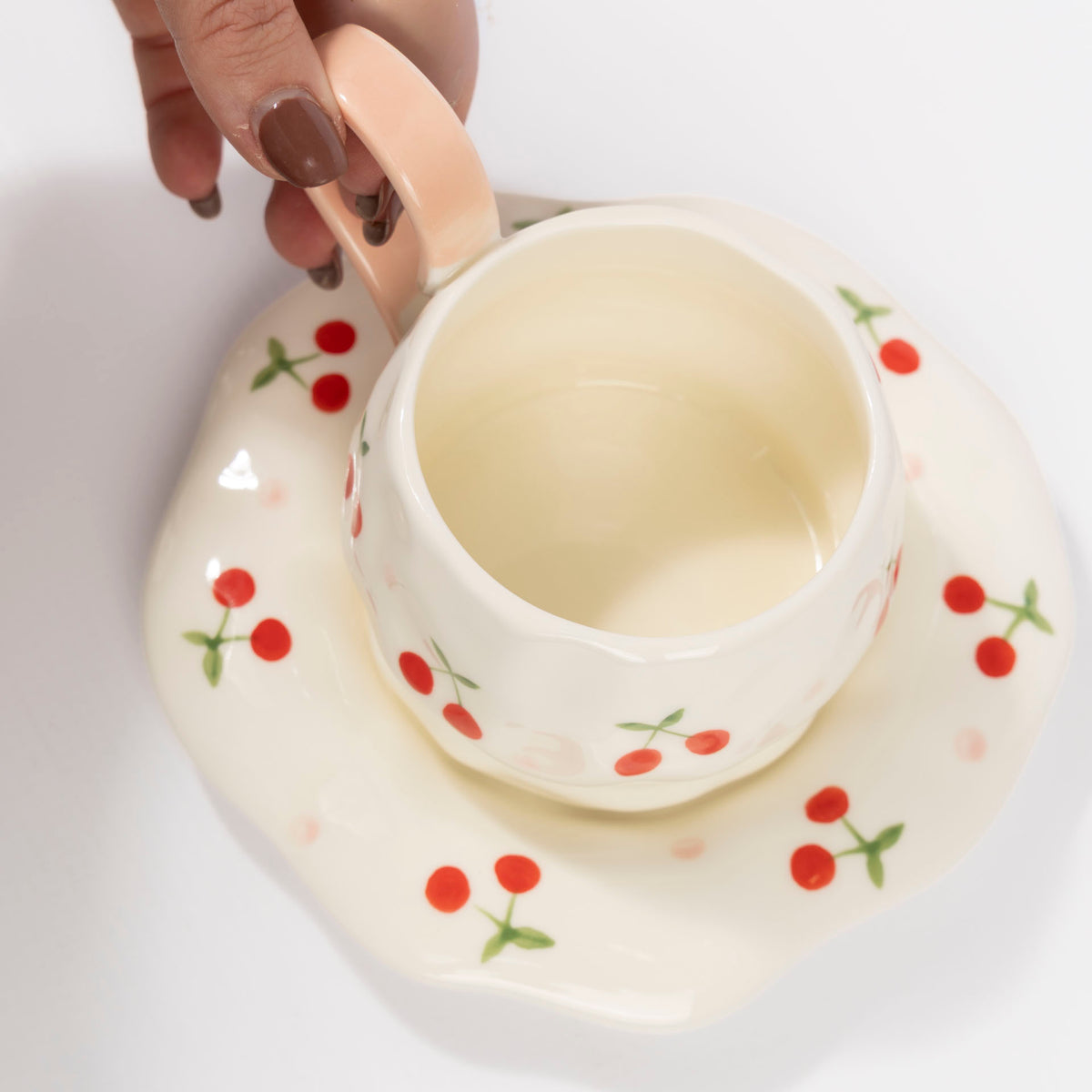Cherries Ceramic Cup and Saucer Set (assorted colours)