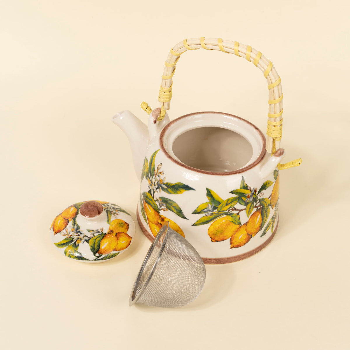 Lemon Botanical Ceramic Teapot with Woven Handle