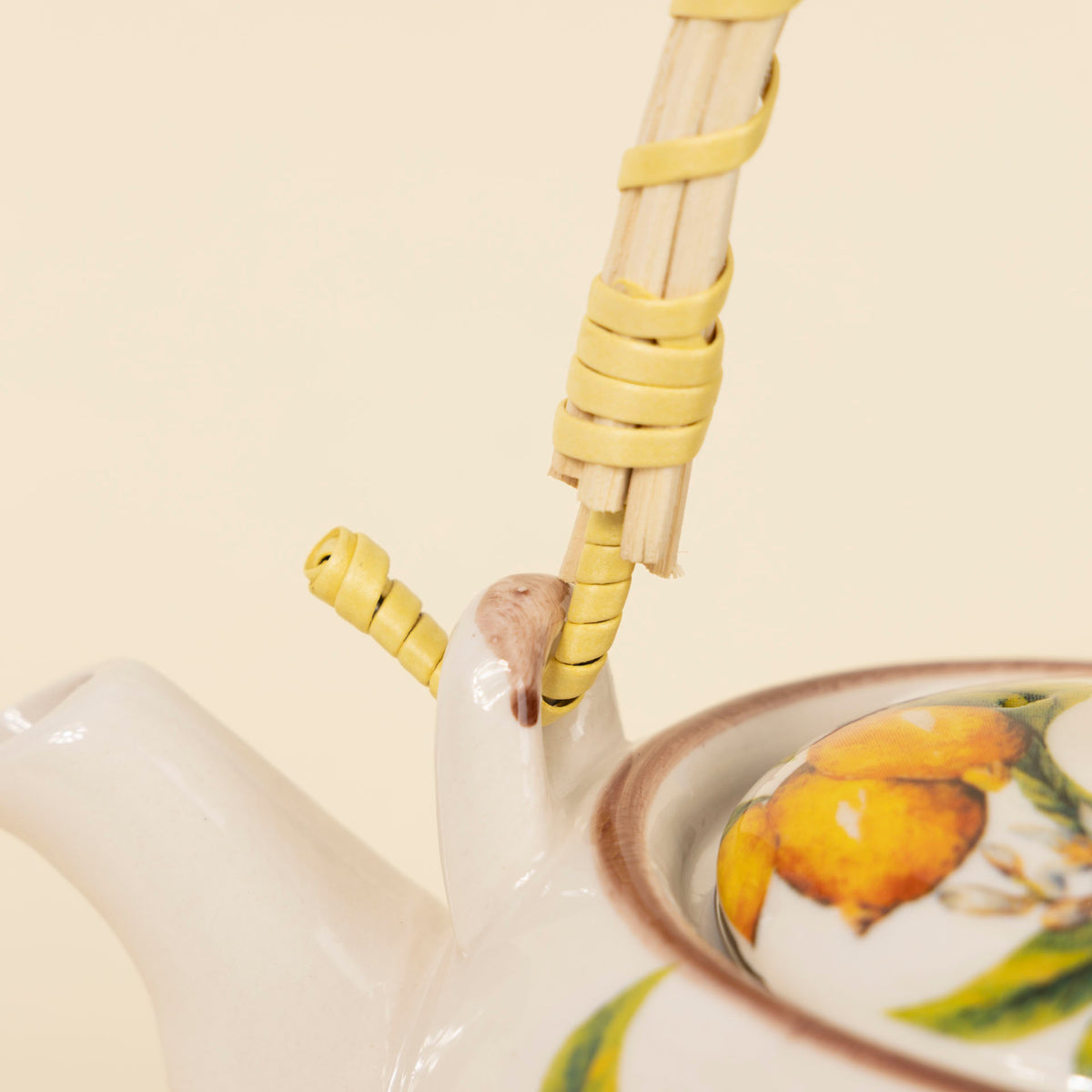 Lemon Botanical Ceramic Teapot with Woven Handle