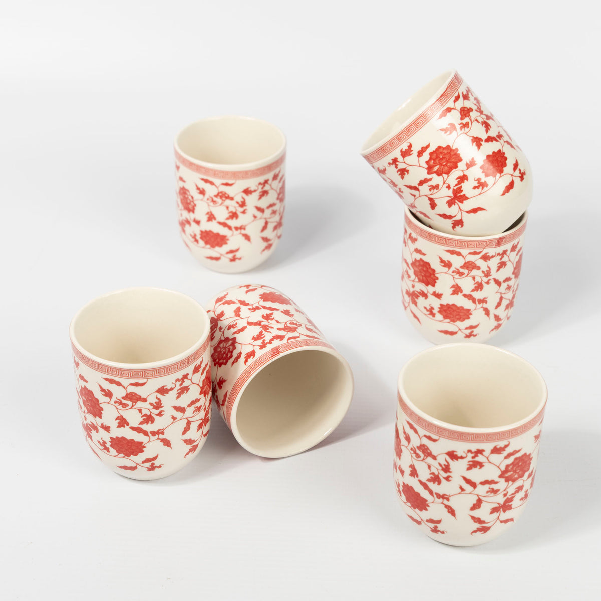 Red Floral & Vine Mini Ceramic Cups (Set of 6)