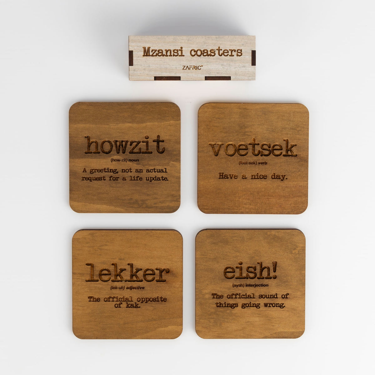 Mzansi Novelty Wooden Coasters with Stand (set of 4)