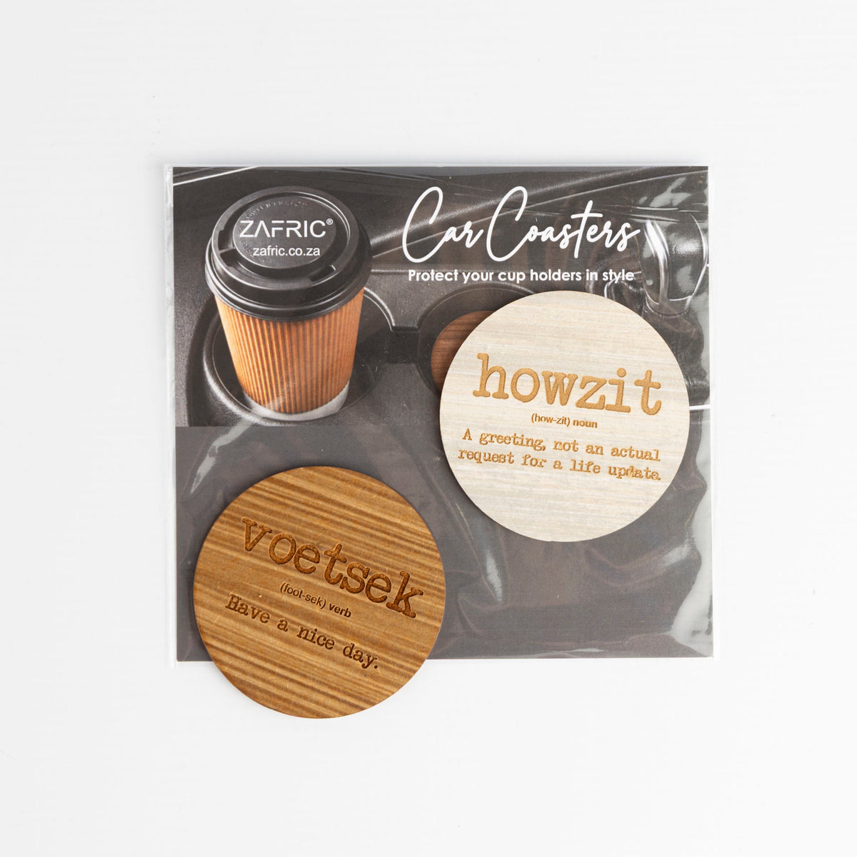 Mzansi Novelty Wooden Car Coasters (Set of 2 – assorted styles)