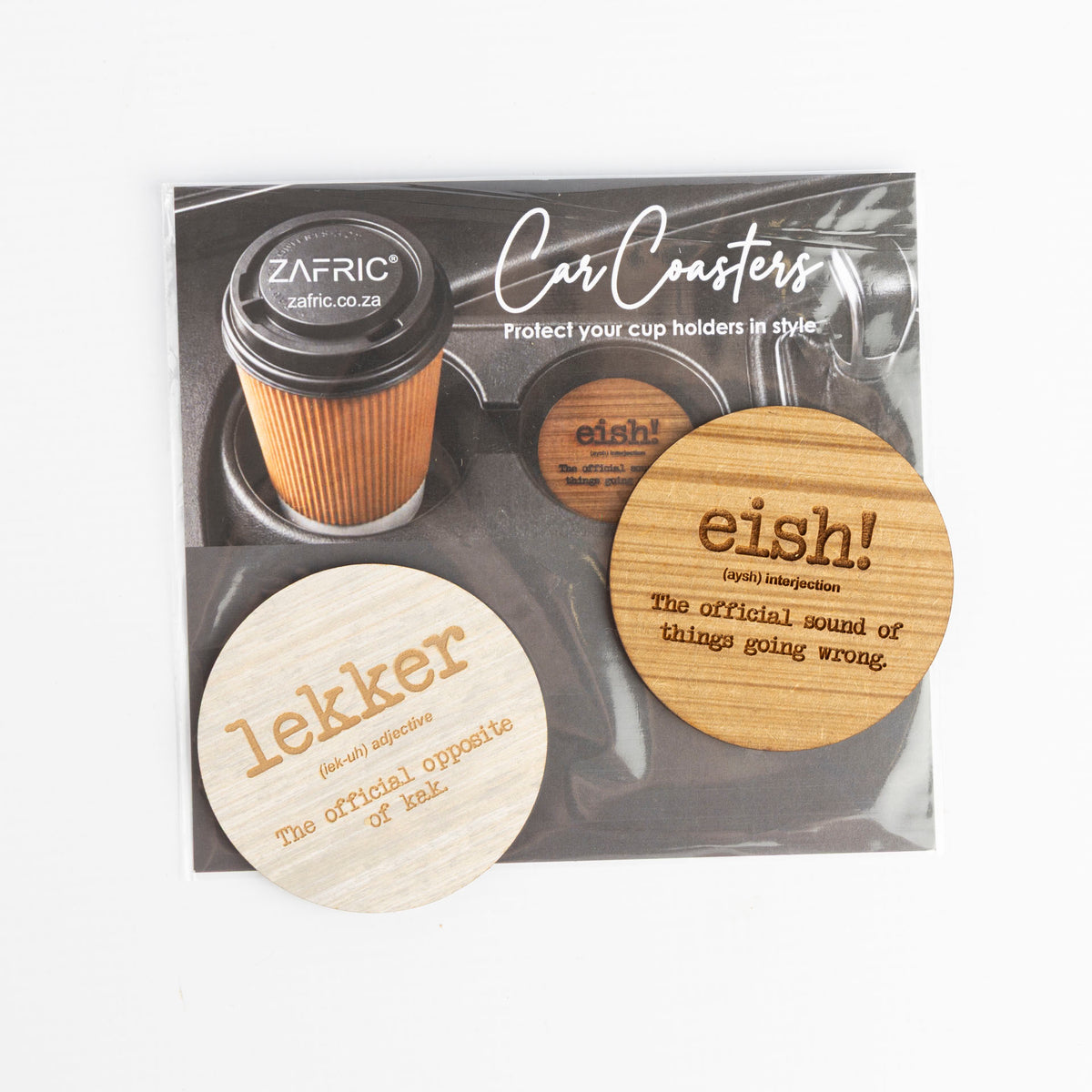 Mzansi Novelty Wooden Car Coasters (Set of 2 – assorted styles)