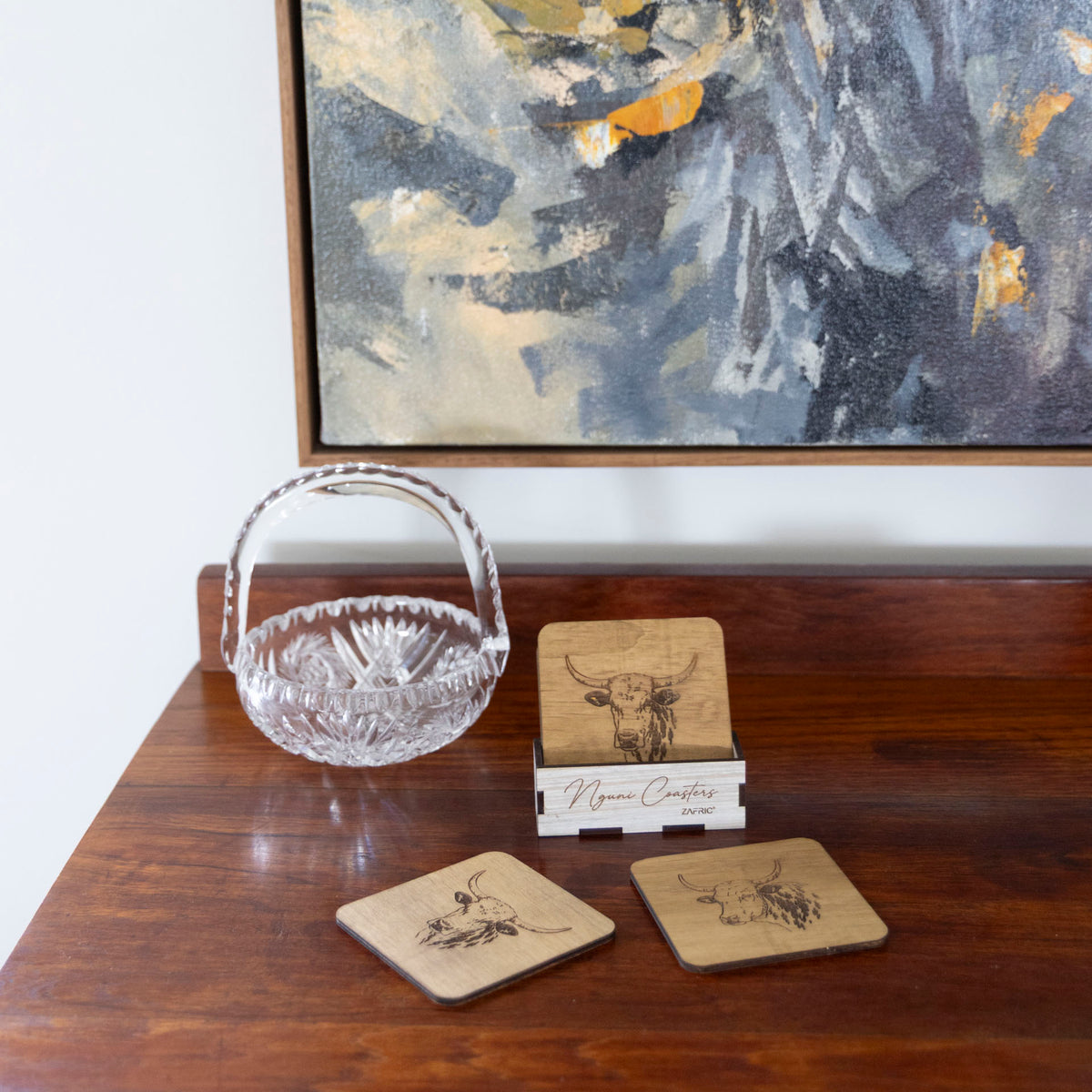 Wooden Nguni Coasters with Stands (set of 4)