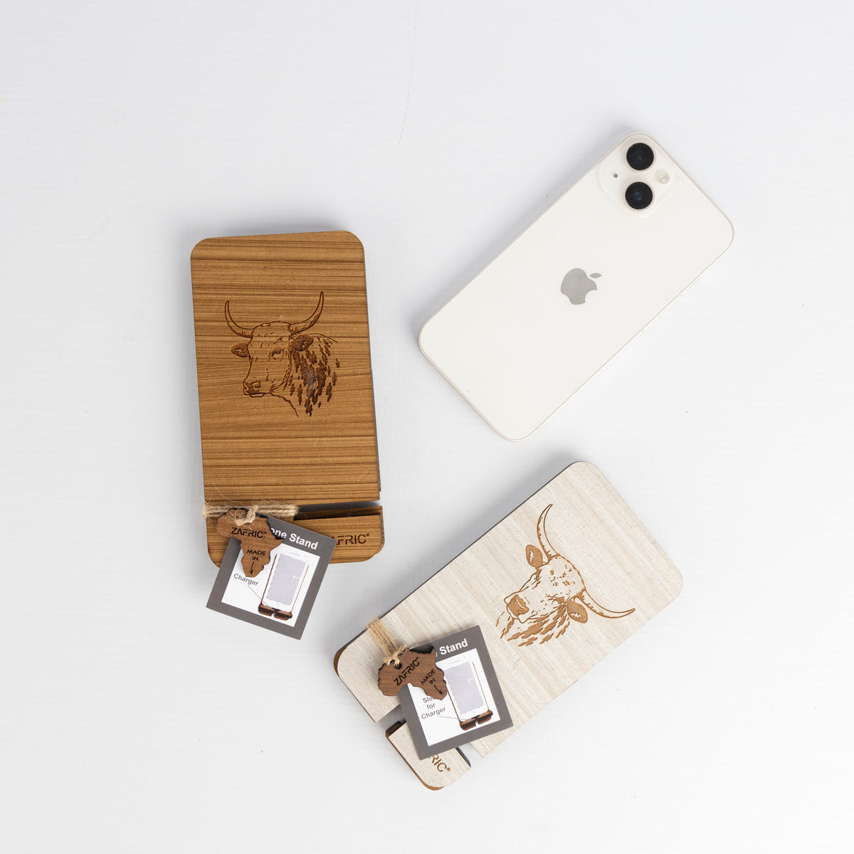 Wooden Nguni Phone Stand (Grey Wash or Natural Wood Finish)