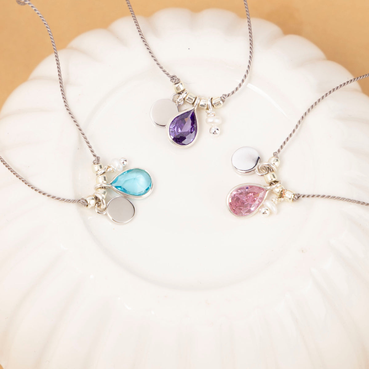 "Little Treasures" Semi Precious Stone, Pearl and Sterling Silver Disc on Silk (assorted)