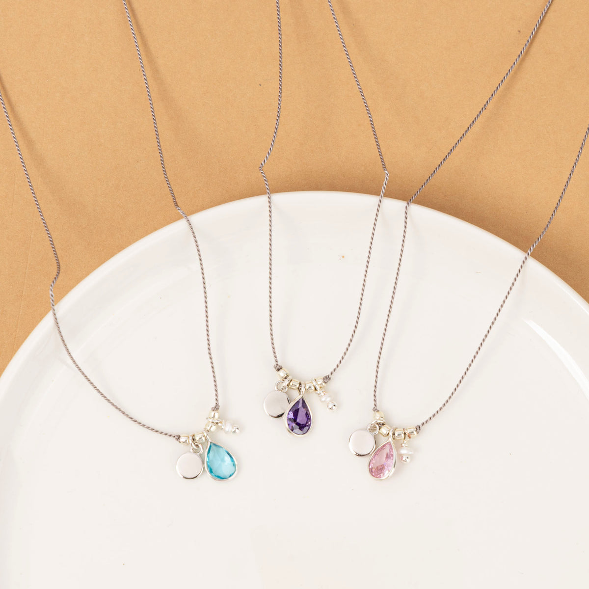 "Little Treasures" Semi Precious Stone, Pearl and Sterling Silver Disc on Silk (assorted)