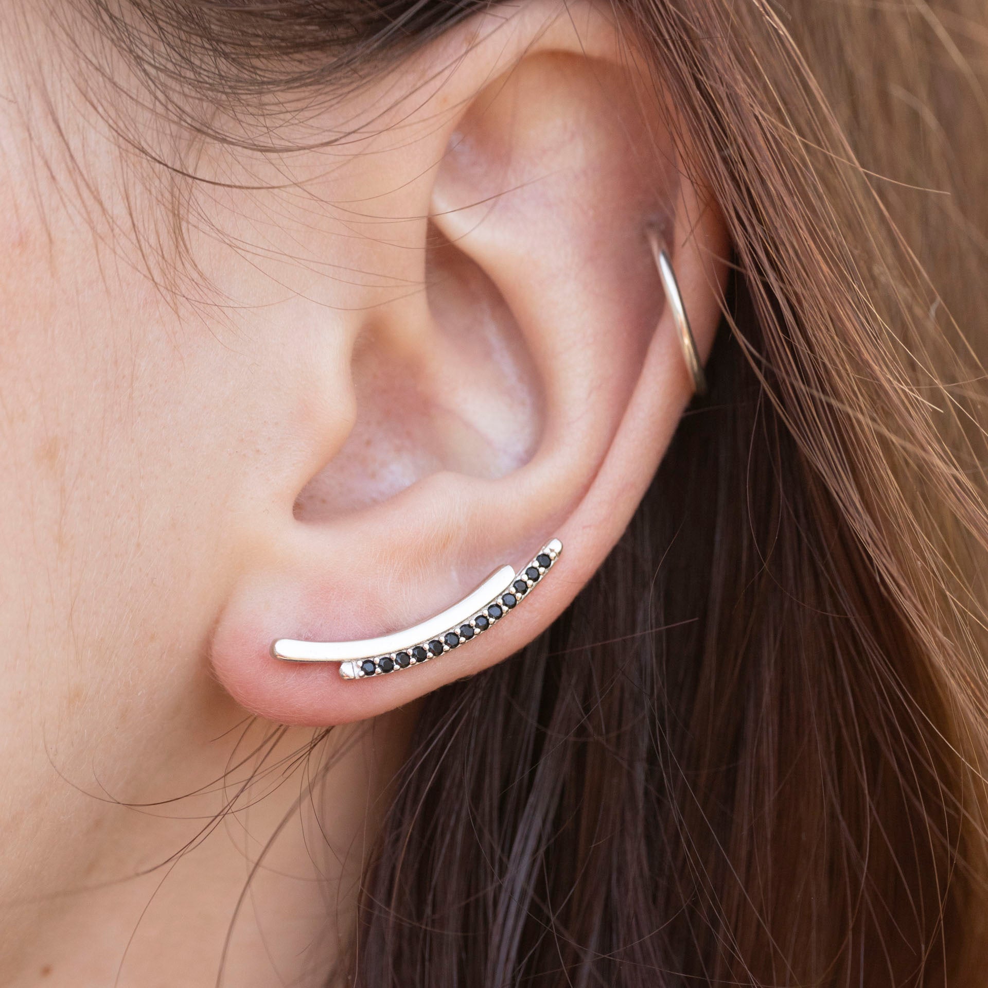 Sterling Silver and Black Cubic Zirconia Creeper Stud Earrings