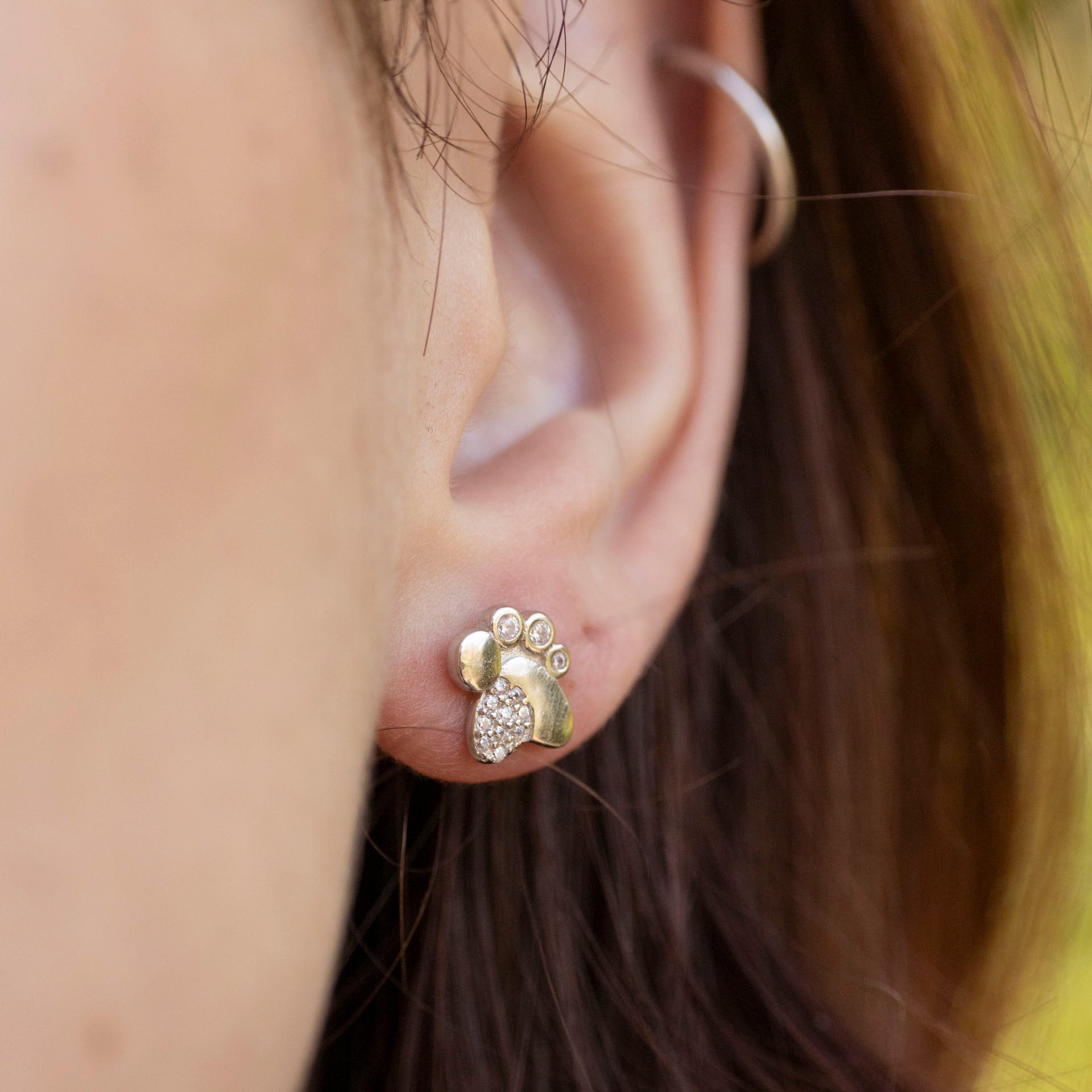 Sterling Silver Diamanté Paw Print Stud Earrings