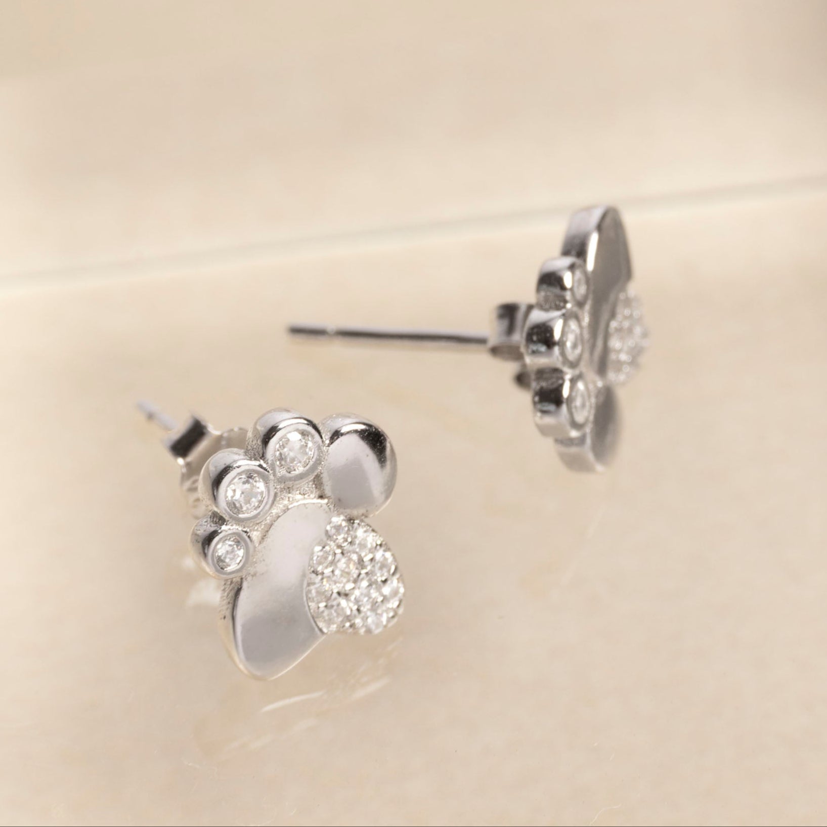 Sterling Silver Diamanté Paw Print Stud Earrings