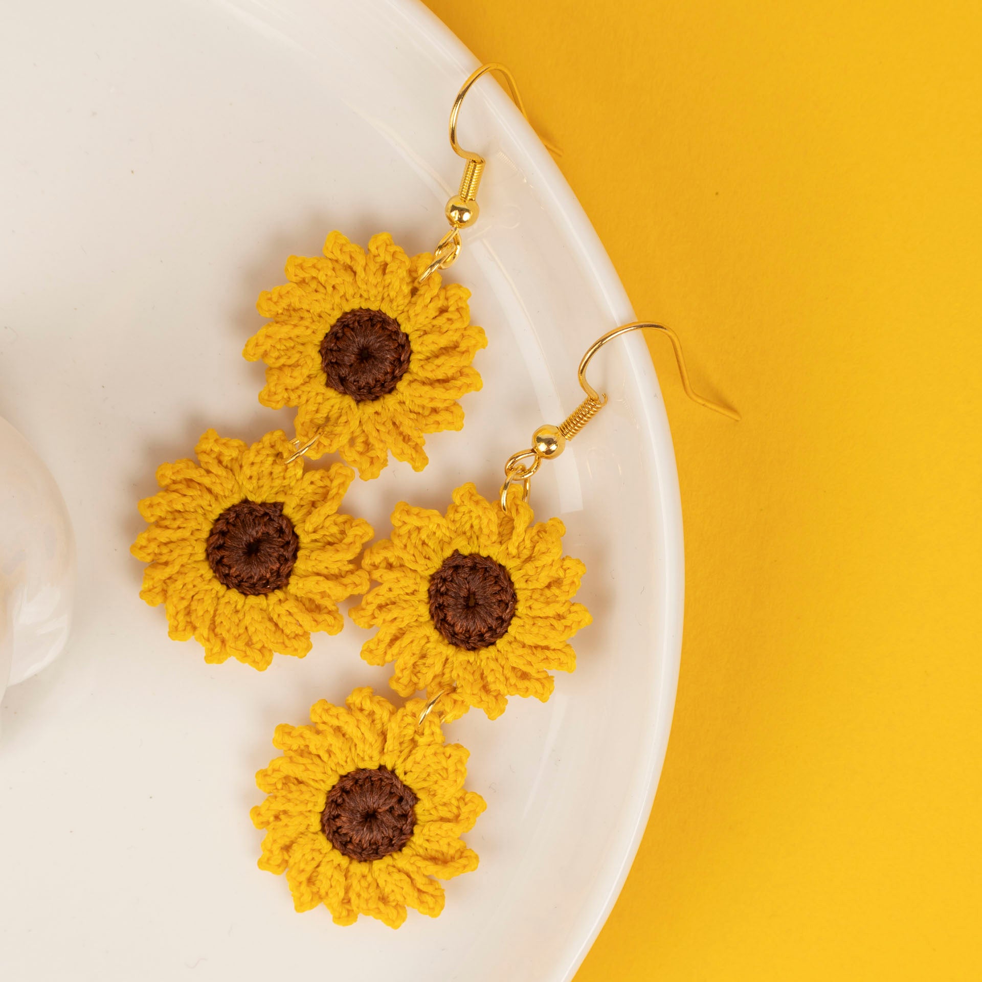 Micro Crochet Sunflower Earrings (single or double drop)