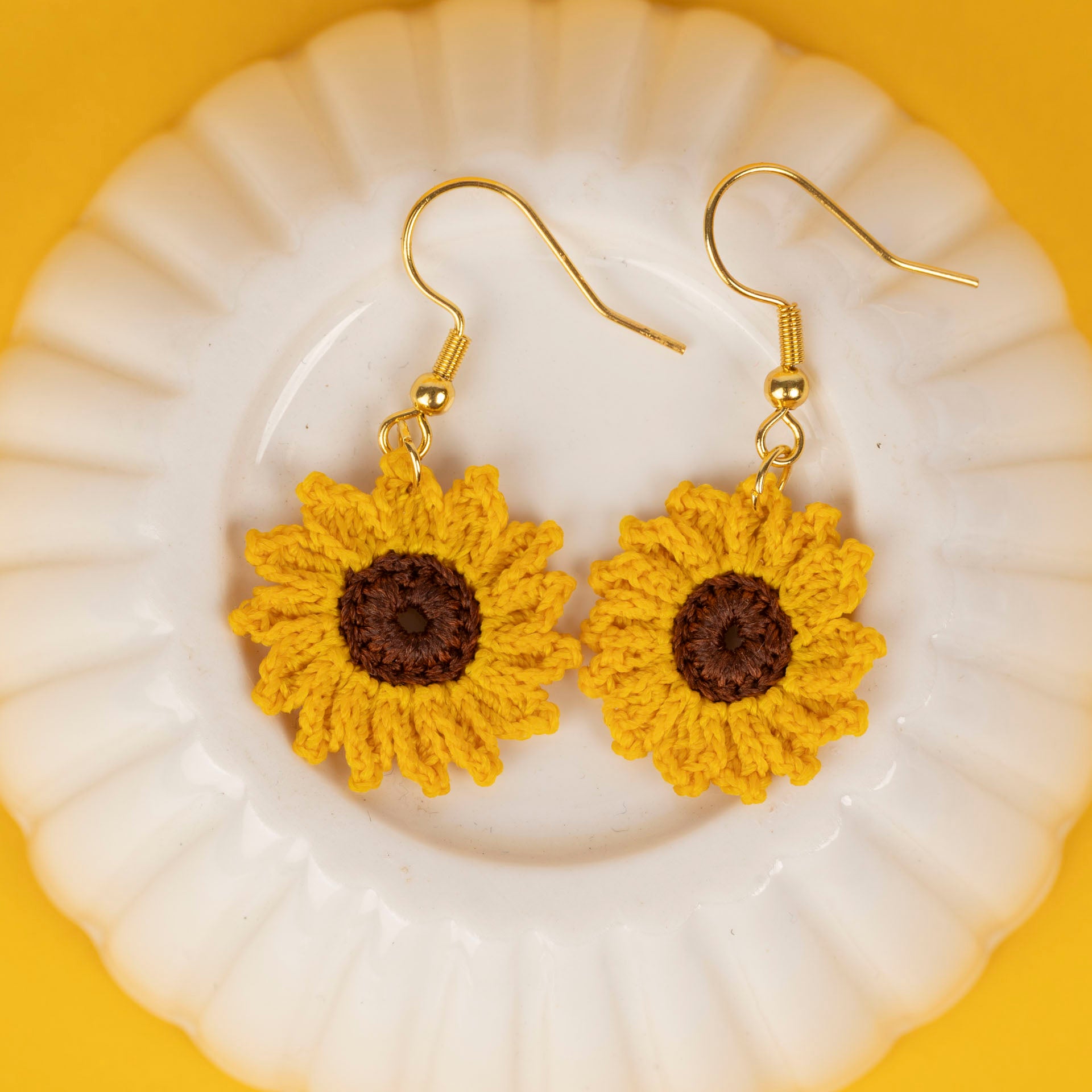 Micro Crochet Sunflower Earrings (single or double drop)