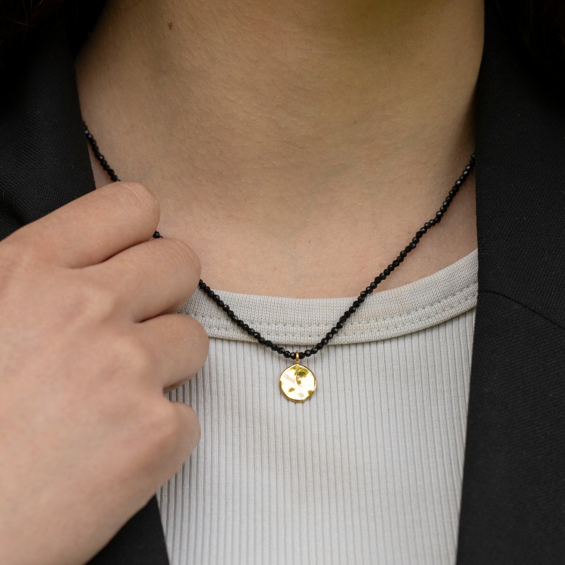 "Centred" Hammered Gold Disc Pendant with Back Spinel Chain