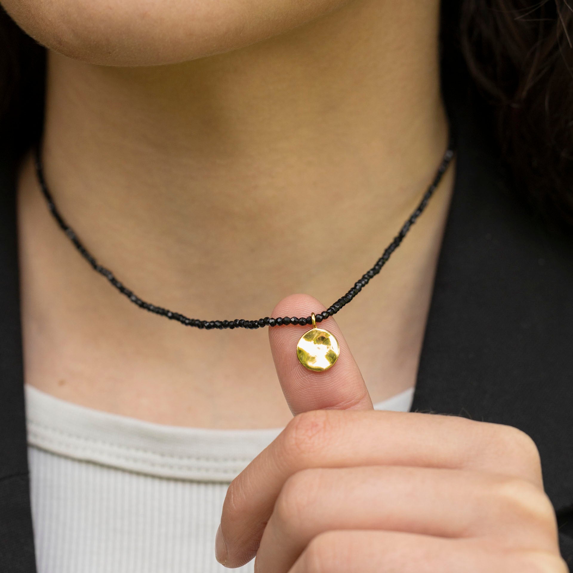 "Centred" Hammered Gold Disc Pendant with Back Spinel Chain