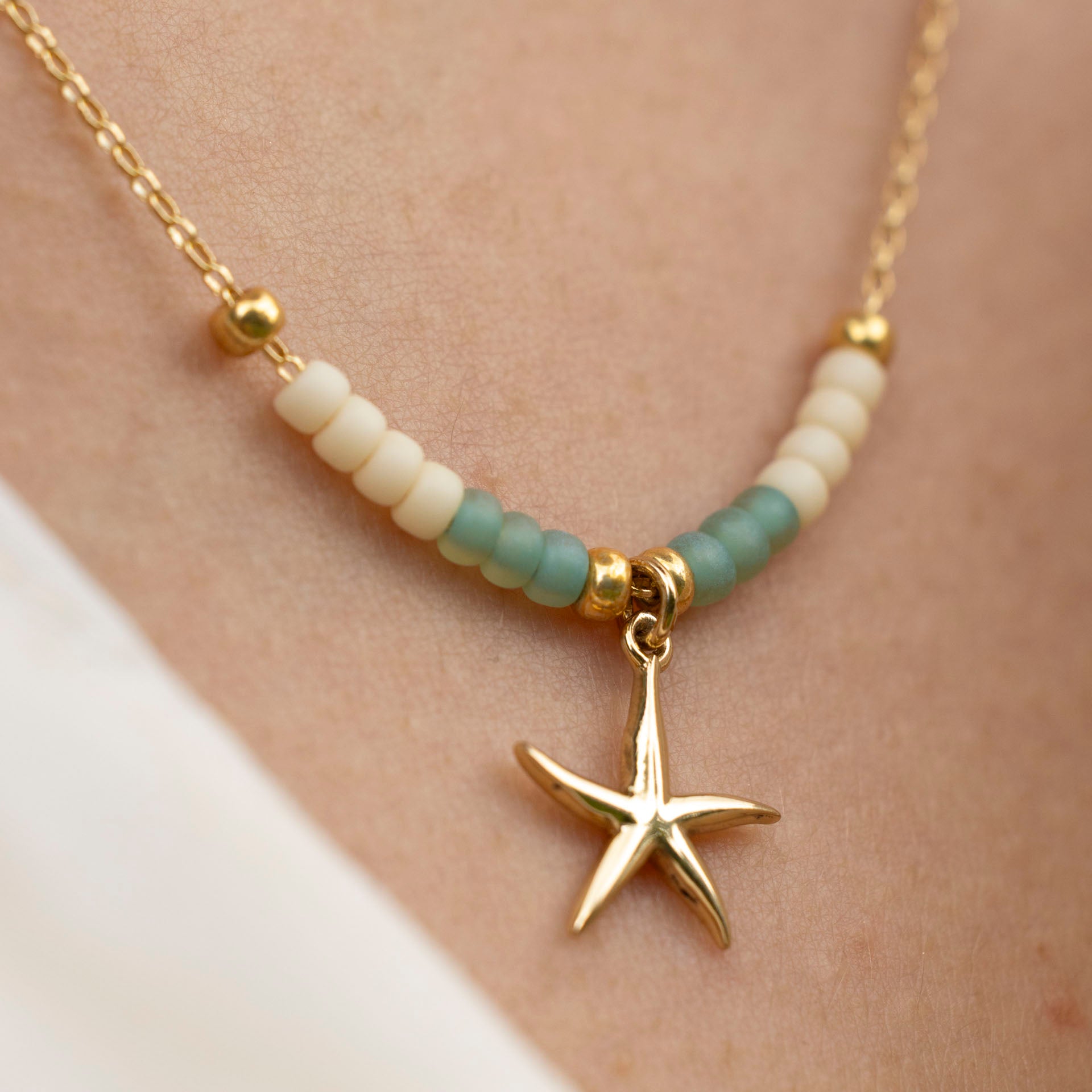 Beaded Starfish Charm Necklace (Gold-Dipped)