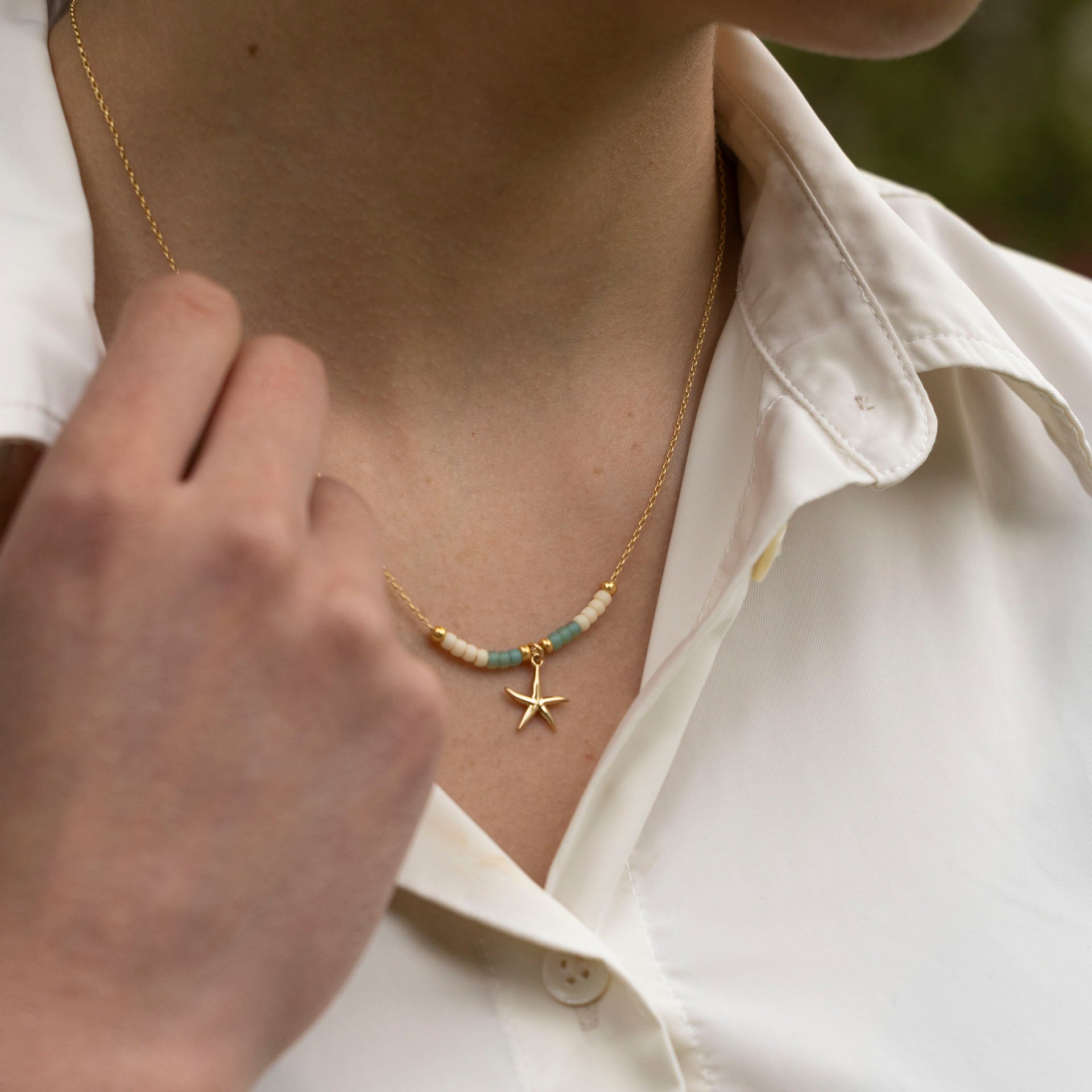 Beaded Starfish Charm Necklace (Gold-Dipped)