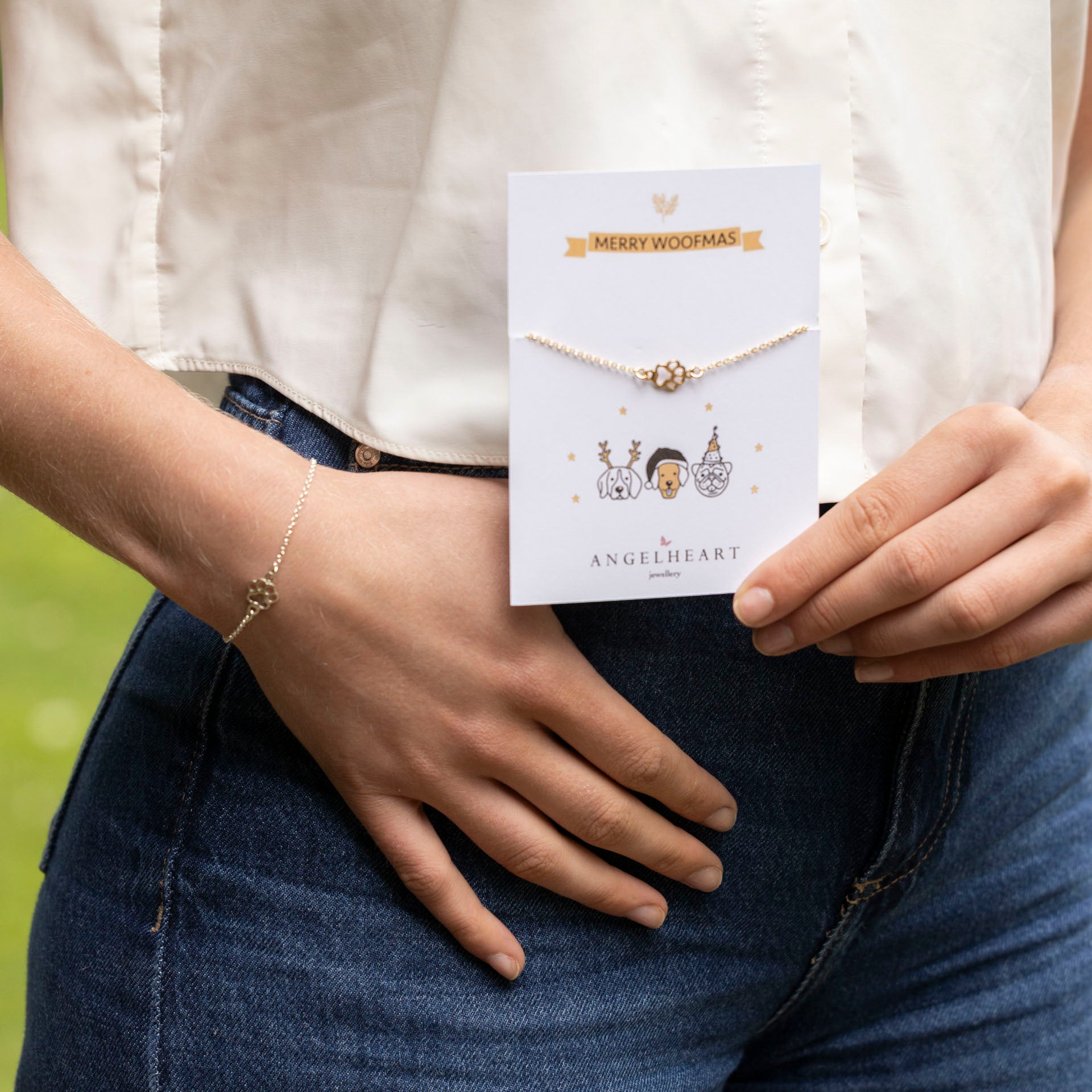 "Merry Woofmas" Paw Print Bracelet (sterling silver or gold-dipped)
