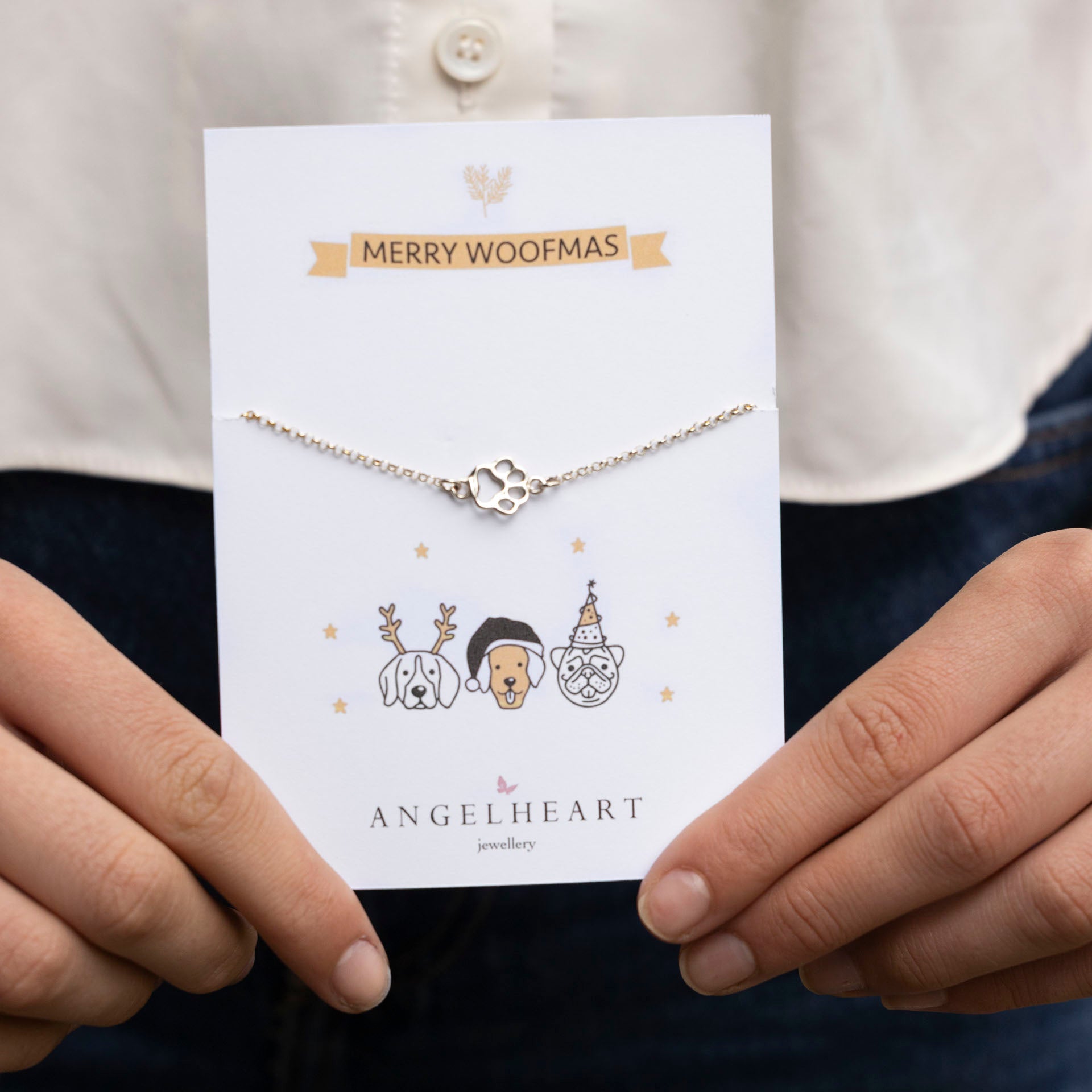 "Merry Woofmas" Paw Print Bracelet (sterling silver or gold-dipped)