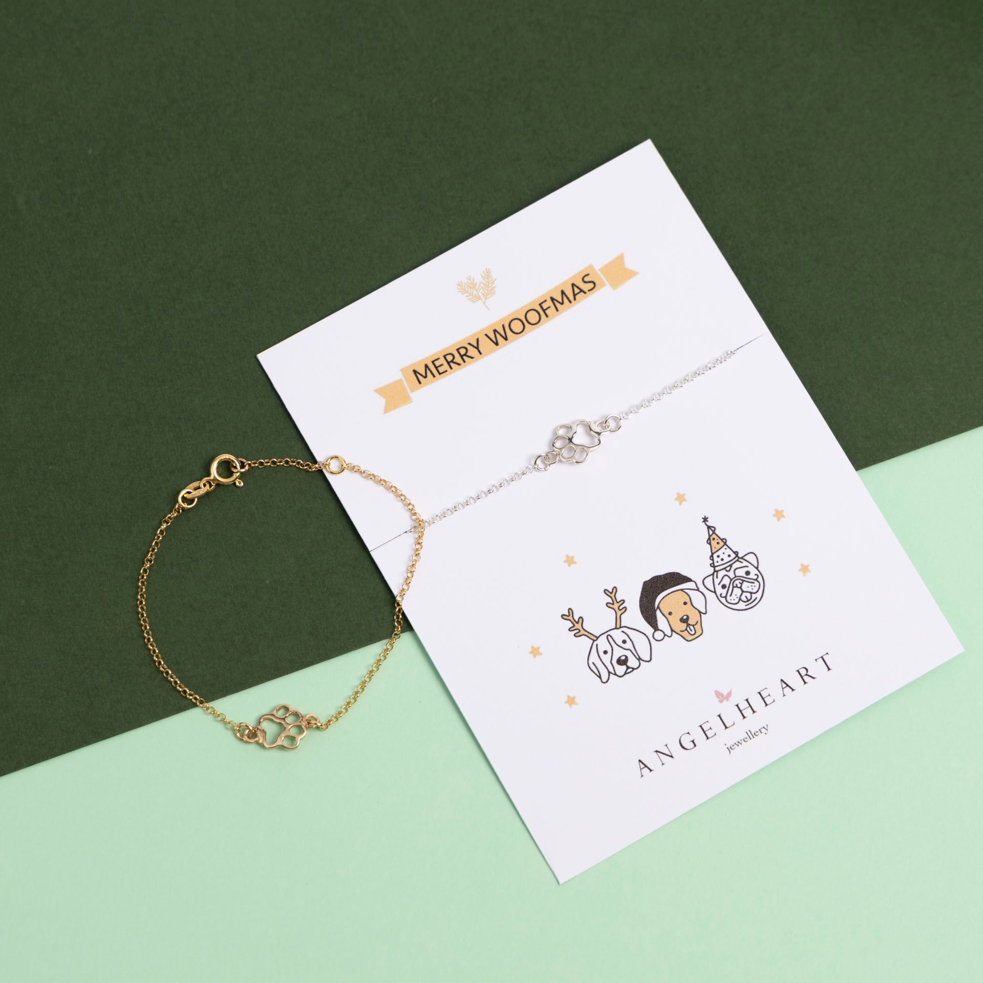 "Merry Woofmas" Paw Print Bracelet (sterling silver or gold-dipped)