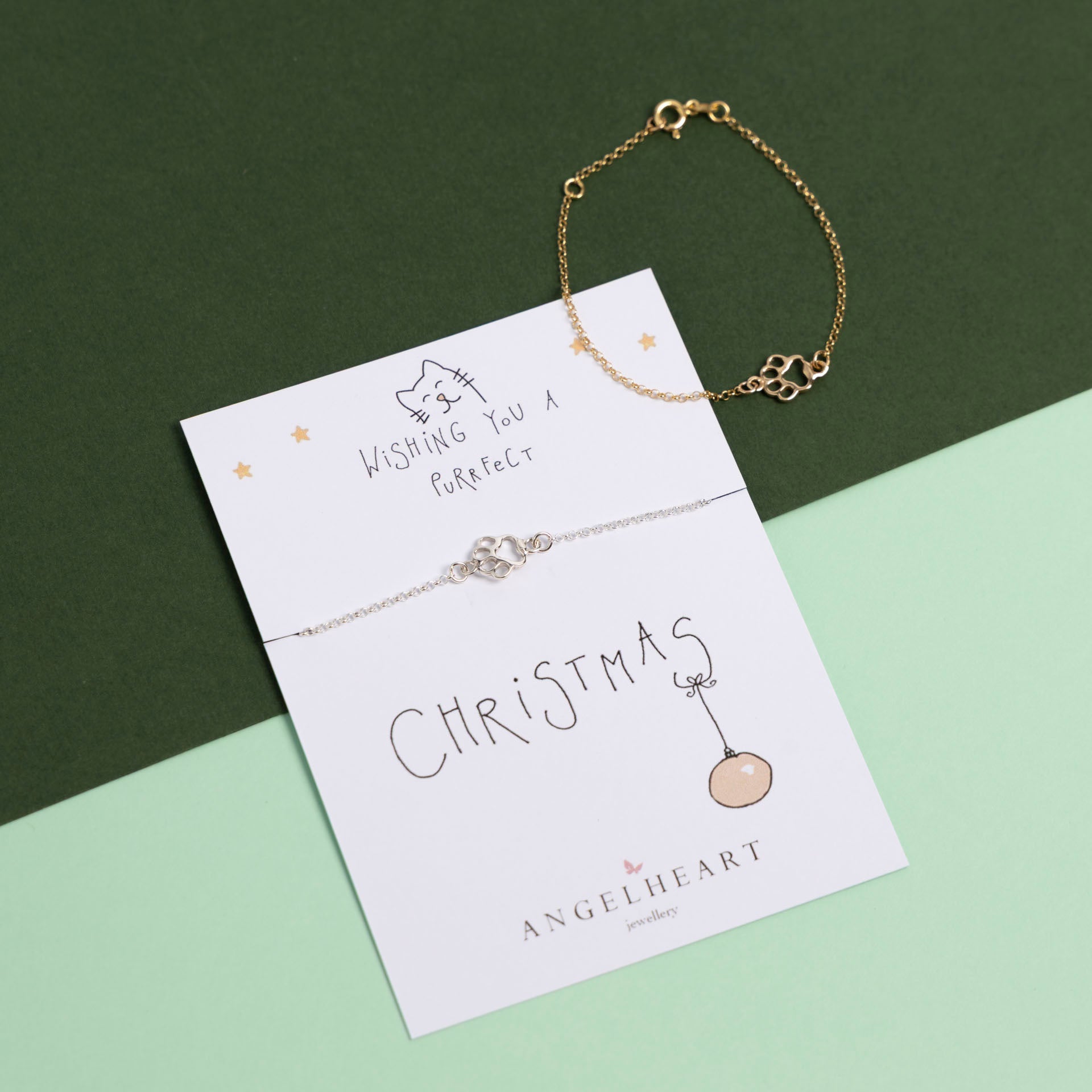 "Wishing you a Purrfect Christmas" Paw Print Bracelet (sterling silver or gold-dipped)