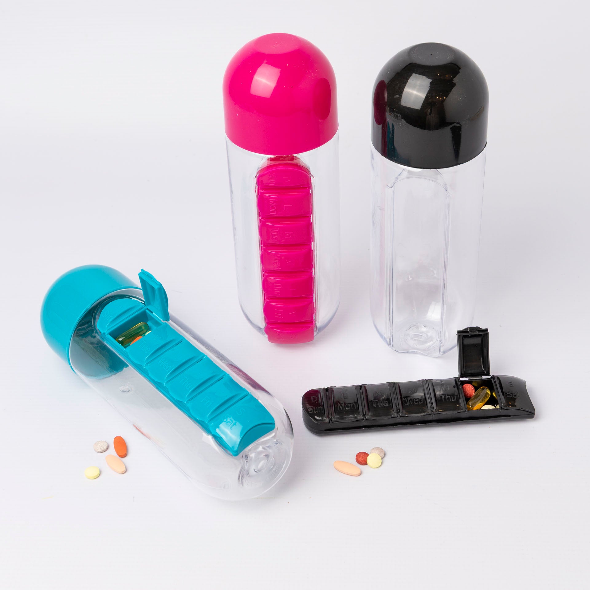 Water Bottle with Pill Storage Tray (assorted colours)