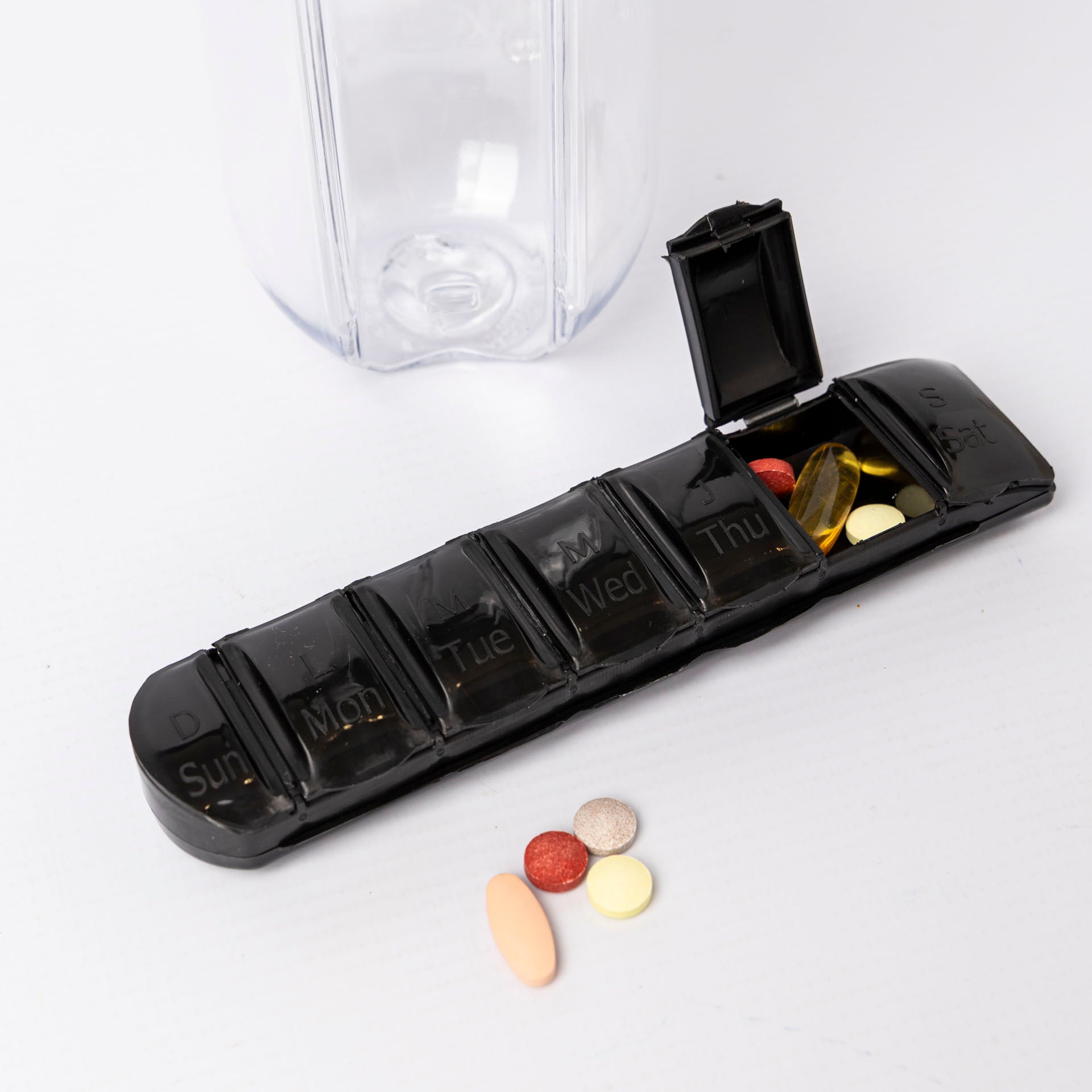 Water Bottle with Pill Storage Tray (assorted colours)