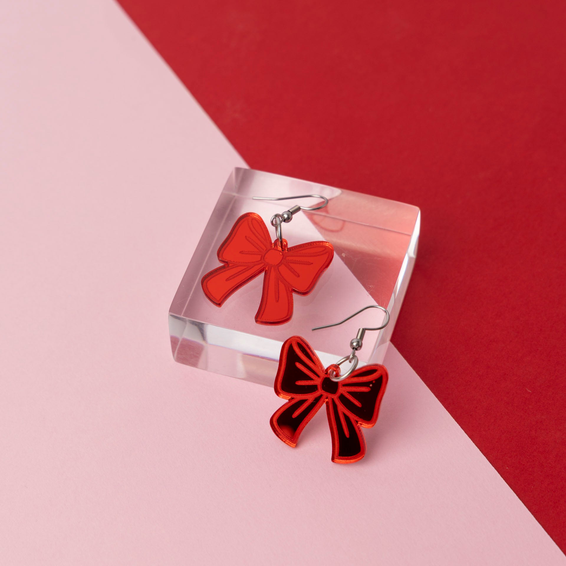 Christmas Bows Acrylic Novelty Earrings (Pink or Red)
