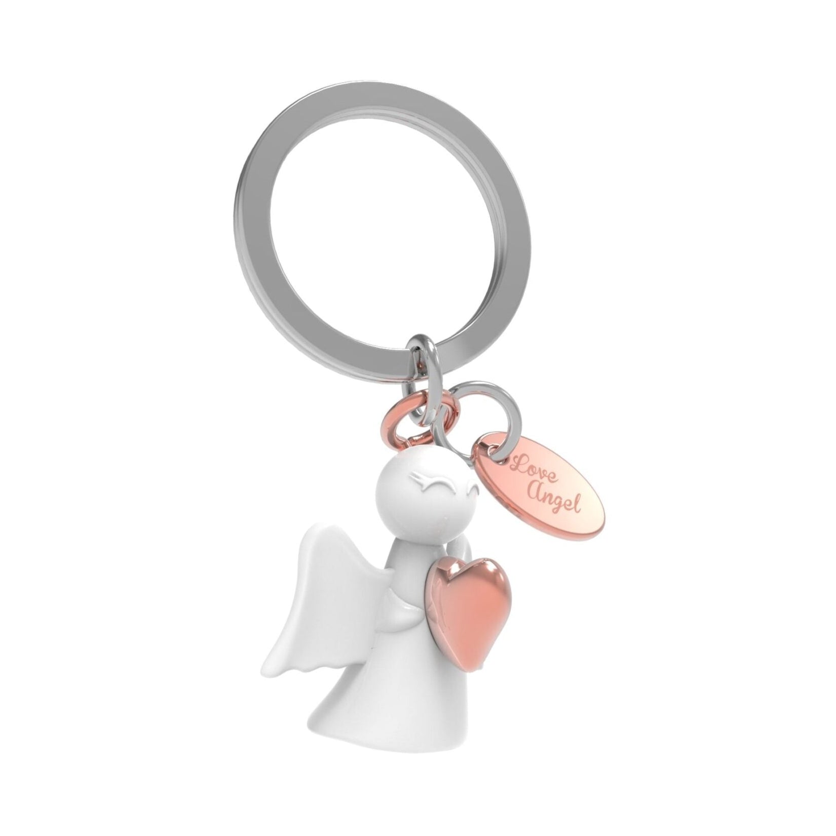Keychain with angel charm and heart detail on a white background