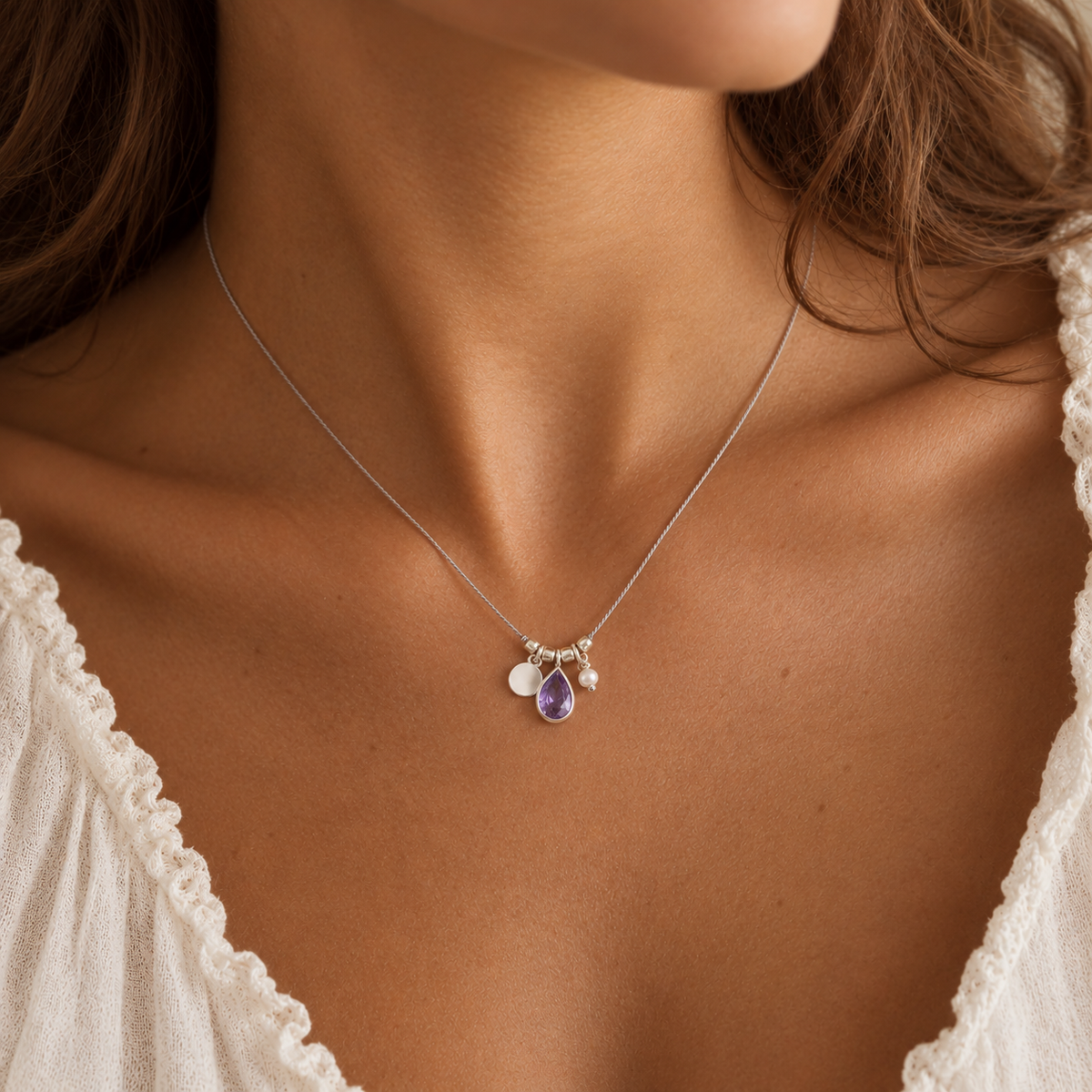 "Little Treasures" Semi Precious Stone, Pearl and Sterling Silver Disc on Silk (assorted)