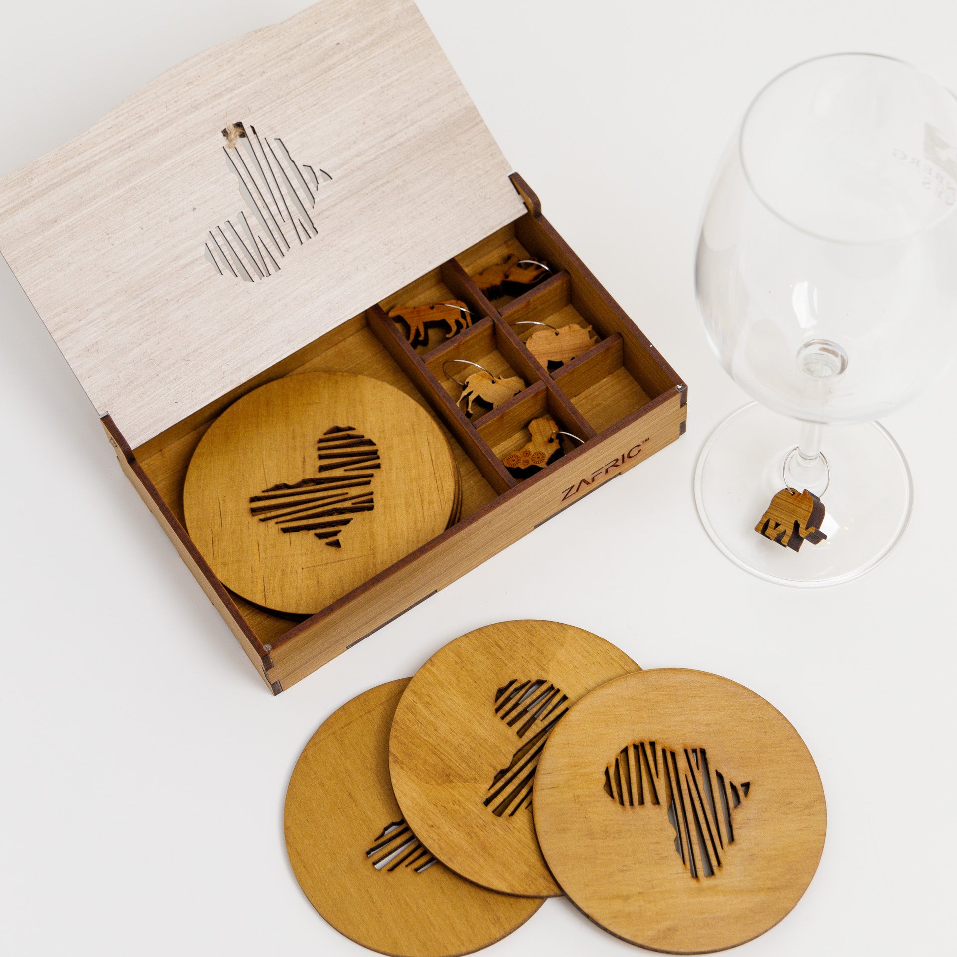 Africa Coasters and Big 5 Wine Glass Charms Gift Set
